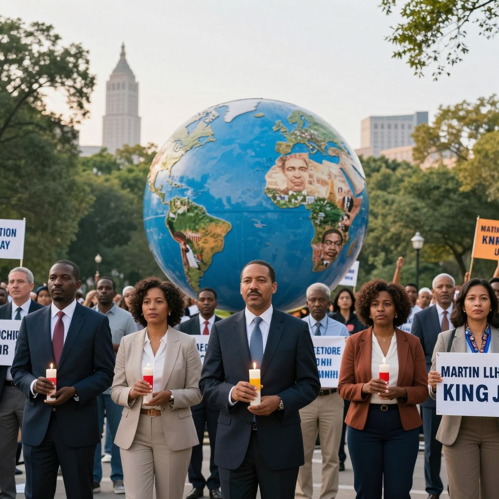 A vibrant and inspiring scene depicting a diverse group of people commemorating Martin Luther King Jr. Day in a bustling urban park setting. In the foreground, several individuals of varying ethnicities, dressed in professional business attire and modest casual clothing, hold candles and banners that show unity and hope. The middle ground features a large globe symbolizing global recognition, adorned with images of MLK and various landmarks from around the world, all under soft, warm lighting that evokes a sense of peace. In the background, trees are gently swaying in a bright, clear sky, with faint silhouettes of iconic buildings representing cities that honor MLK's legacy. The mood is reflective yet optimistic, capturing the spirit of remembrance and global solidarity.
