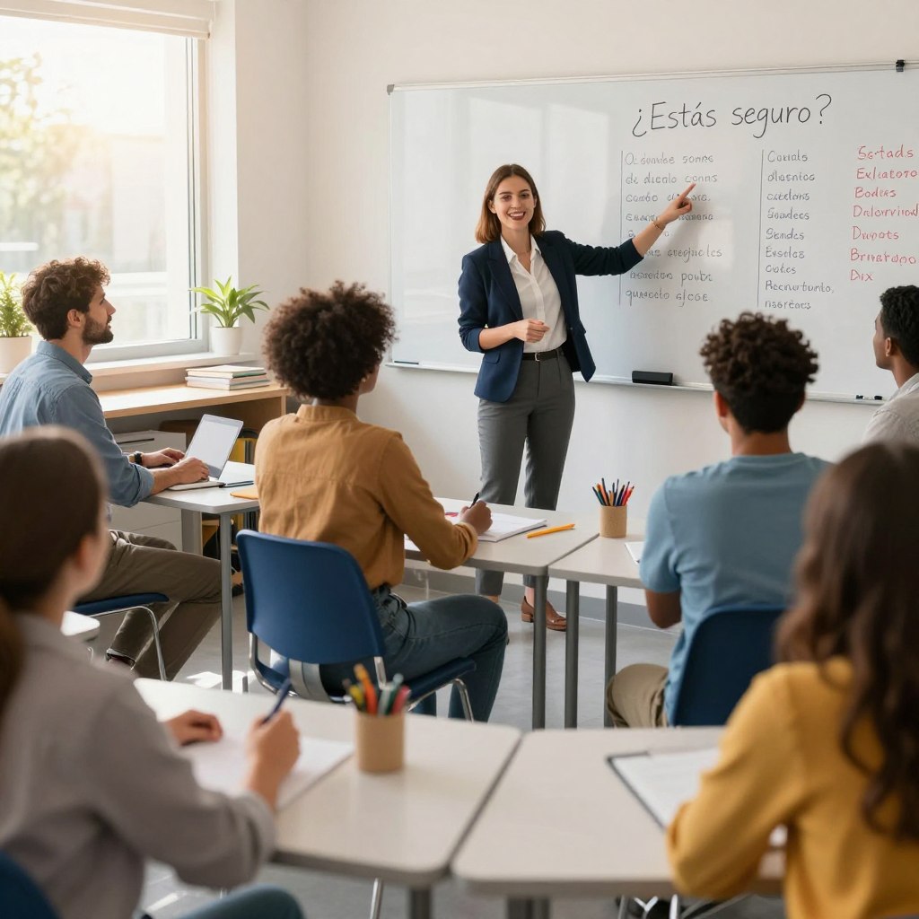 A vibrant classroom scene featuring diverse adult learners, engaged in a language lesson about the Spanish phrase “¿Estás seguro?” Visualize a cheerful instructor, dressed in smart business attire, animatedly pointing to a whiteboard filled with Spanish and English translations. In the foreground, a group of students, from different cultural backgrounds, are actively participating, with expressions of curiosity and focus. The middle ground features a bright, well-organized classroom with desks, chairs, and language learning materials, creating an inviting academic atmosphere. The background showcases large windows allowing warm sunlight to pour in, enhancing the uplifting mood. Use a wide-angle lens to capture the sense of community and connection, ensuring a clear, well-lit image that reflects the essence of learning.