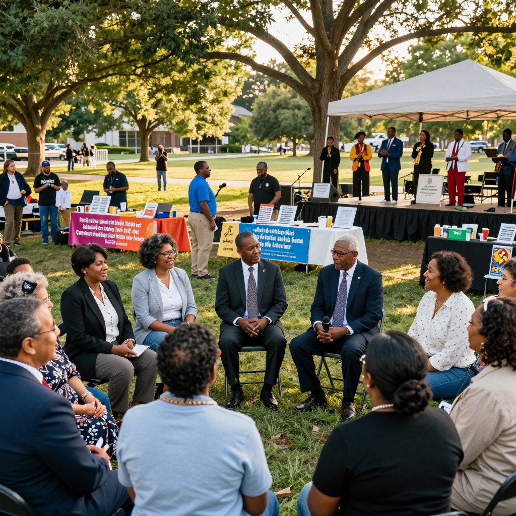A vibrant community celebration honoring Martin Luther King Jr. Day, showcasing diverse groups of people engaged in activities. In the foreground, a multiracial crowd, including families and children, wearing professional business attire and modest casual clothing, joyfully participating in a group discussion. In the middle ground, tables are set up with informational displays about civil rights, while volunteers hand out literature and refreshments. Colorful banners featuring inspirational quotes from Dr. King can be seen. The background features a sunny park setting, with trees and a stage where local performers are presenting music that reflects the spirit of unity and peace. Soft golden hour lighting adds warmth to the scene, creating an uplifting and reflective atmosphere. The angle is slightly elevated, capturing the bustling energy of the event while emphasizing community engagement.
