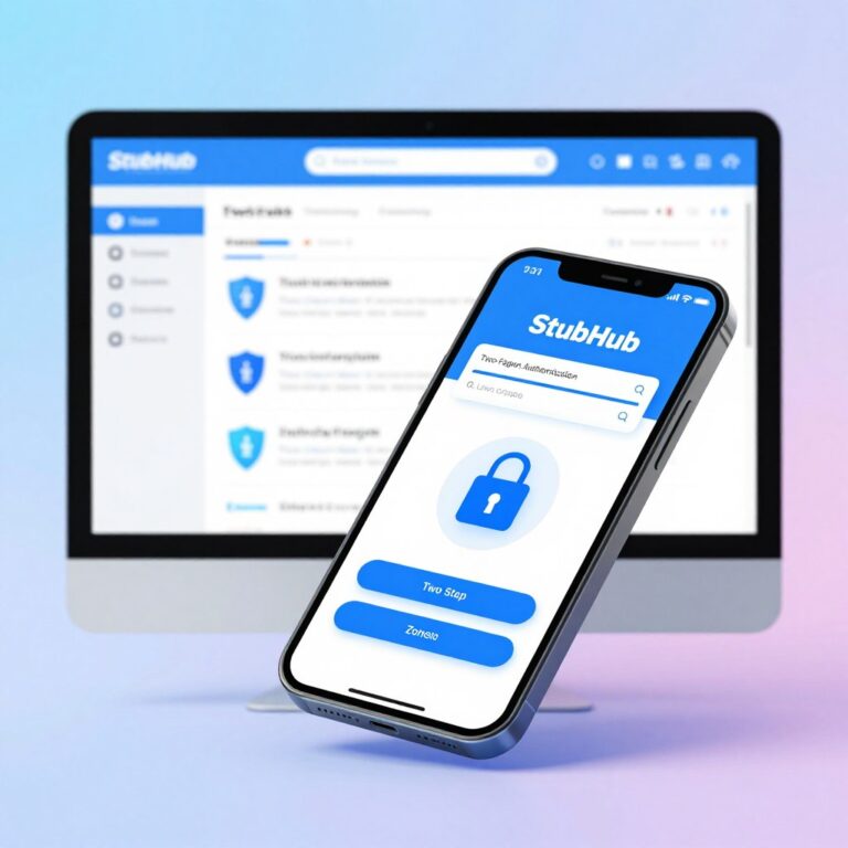 A visually engaging illustration depicting StubHub's Two-Factor Authentication. In the foreground, display a smartphone showing a vibrant, simplified login interface, featuring a two-step verification process with an animated padlock icon. The middle layer features a computer screen displaying ticket selections with an overlay of shield symbols, representing enhanced security features. The background should have a soft gradient representing the digital cloud, signifying cybersecurity. Use soft, diffused lighting to create a professional, tech-savvy atmosphere, with the lens angled to focus on the smartphone in the foreground, giving a sense of urgency. Maintain a clean, modern aesthetic that reflects online ticket purchasing safety, ensuring the mood is reassuring and trustworthy. The overall composition should be sleek, tech-oriented, and visually appealing without any text or branding elements.
