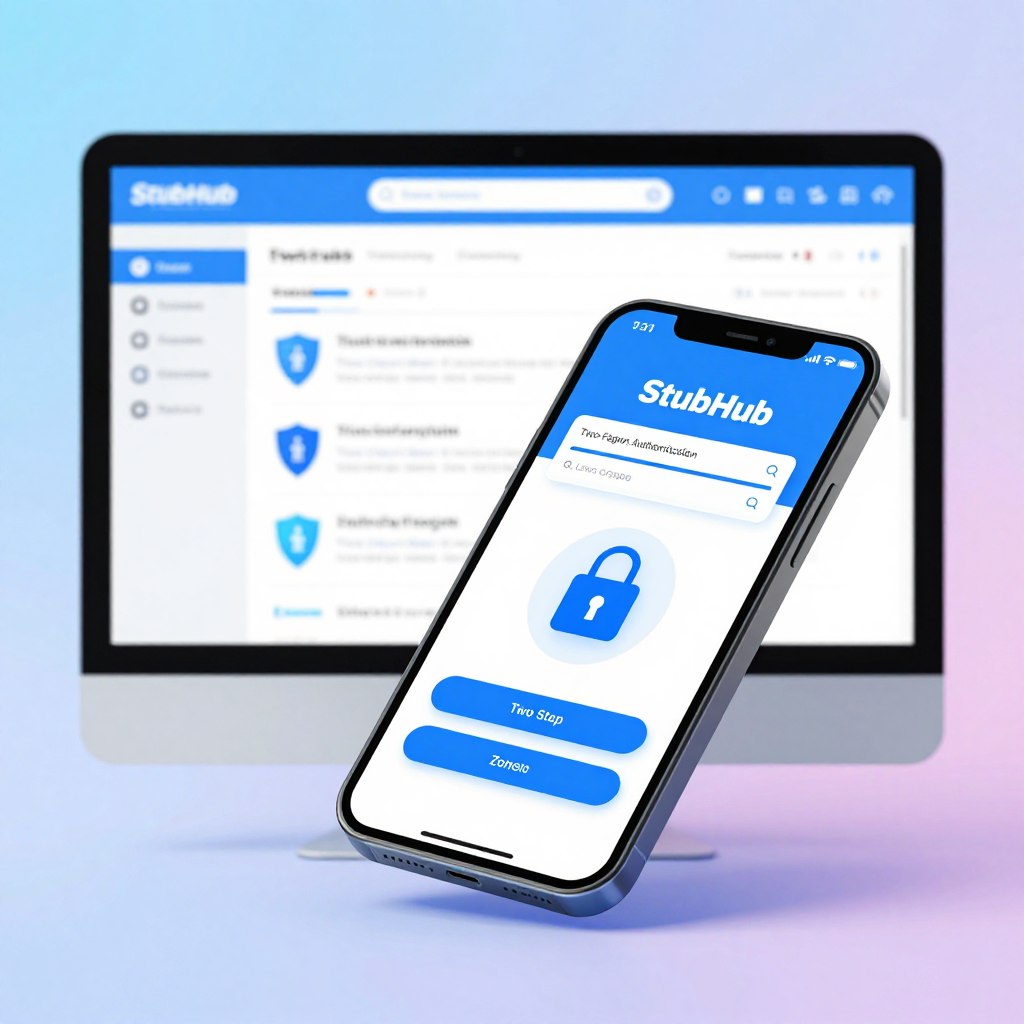 A visually engaging illustration depicting StubHub's Two-Factor Authentication. In the foreground, display a smartphone showing a vibrant, simplified login interface, featuring a two-step verification process with an animated padlock icon. The middle layer features a computer screen displaying ticket selections with an overlay of shield symbols, representing enhanced security features. The background should have a soft gradient representing the digital cloud, signifying cybersecurity. Use soft, diffused lighting to create a professional, tech-savvy atmosphere, with the lens angled to focus on the smartphone in the foreground, giving a sense of urgency. Maintain a clean, modern aesthetic that reflects online ticket purchasing safety, ensuring the mood is reassuring and trustworthy. The overall composition should be sleek, tech-oriented, and visually appealing without any text or branding elements.