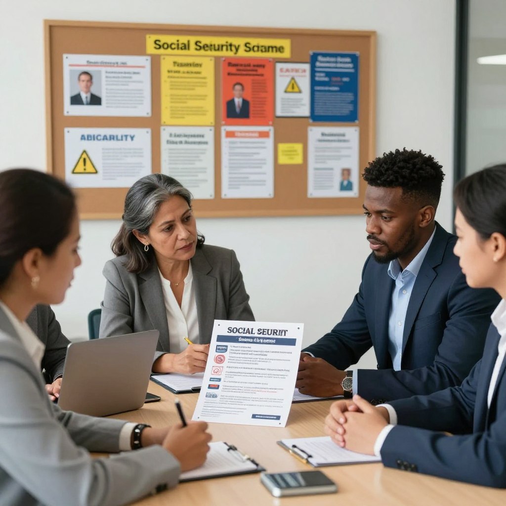 A visually engaging scene depicting an office environment focused on social security scam awareness. In the foreground, a diverse group of professionals, including a middle-aged Hispanic woman and a young African American man, are seated at a conference table, dressed in business attire, discussing a flyer that illustrates common types of scams. In the middle background, a bulletin board is filled with various scam awareness materials, showcasing vibrant colors and images of warning signs. The lighting is bright and inviting, creating a motivational atmosphere that emphasizes collaboration and education. The overall mood is serious yet hopeful, conveying the importance of vigilance against fraud. The angle captures the dynamic interaction among the team, inviting the viewer into the conversation. A visually engaging scene depicting an office environment focused on social security scam awareness. In the foreground, a diverse group of professionals, including a middle-aged Hispanic woman and a young African American man, are seated at a conference table, dressed in business attire, discussing a flyer that illustrates common types of scams. In the middle background, a bulletin board is filled with various scam awareness materials, showcasing vibrant colors and images of warning signs. The lighting is bright and inviting, creating a motivational atmosphere that emphasizes collaboration and education. The overall mood is serious yet hopeful, conveying the importance of vigilance against fraud. The angle captures the dynamic interaction among the team, inviting the viewer into the conversation.