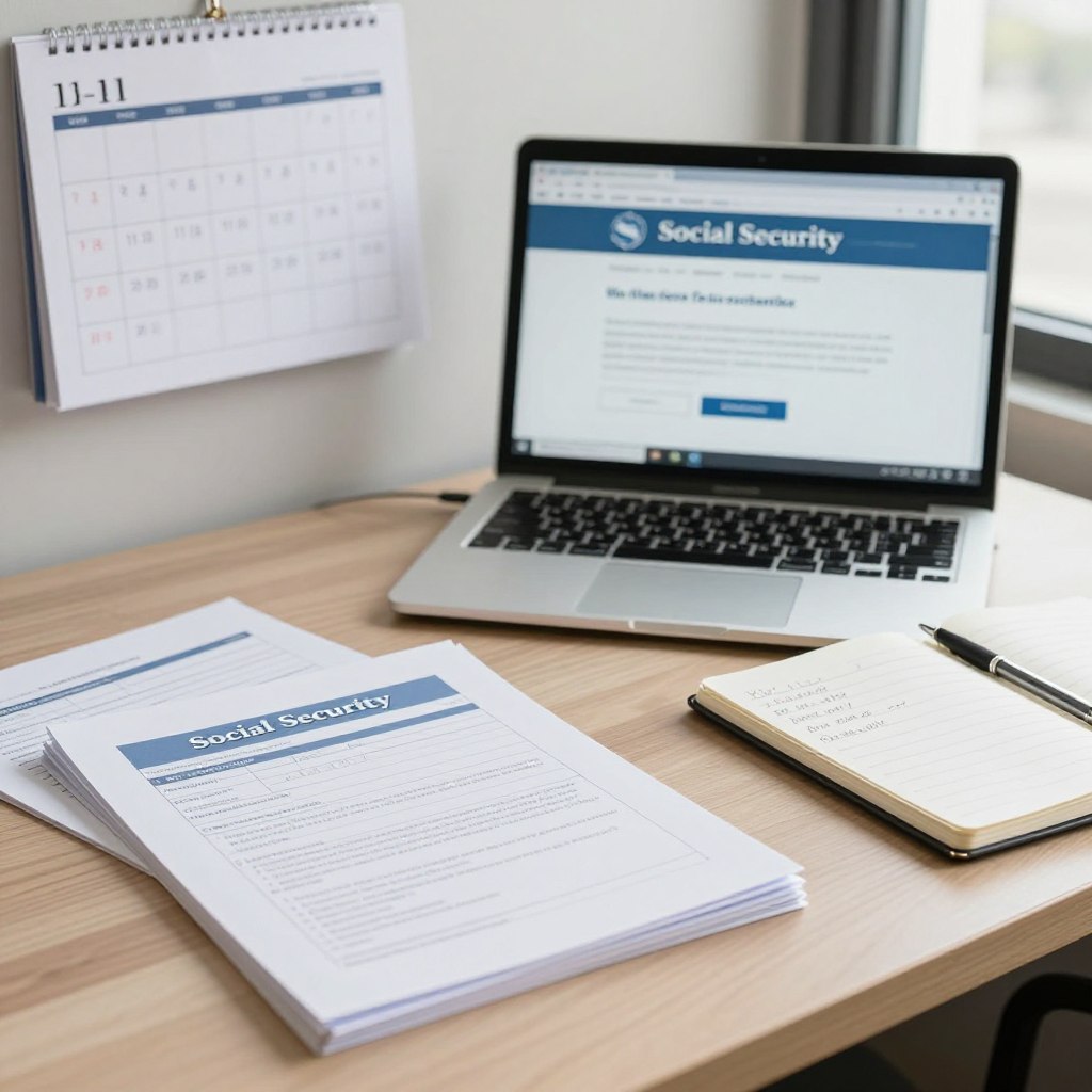 An organized workspace preparing for a visit to the Social Security office. In the foreground, a neatly arranged desk features a stack of documents, including an application form and identification papers, alongside a pen and a notepad filled with handwritten notes. In the middle ground, a modern laptop displays a webpage with Social Security office information. A calendar hangs on the wall, emphasizing the importance of appointment dates. The background shows a window with natural light streaming in, creating a warm and inviting atmosphere. The mood is focused and professional, reflecting a sense of preparation and anticipation. Use soft lighting and a slight overhead angle to convey clarity and organization in this office setting, with a color palette of blues and neutrals for calmness.