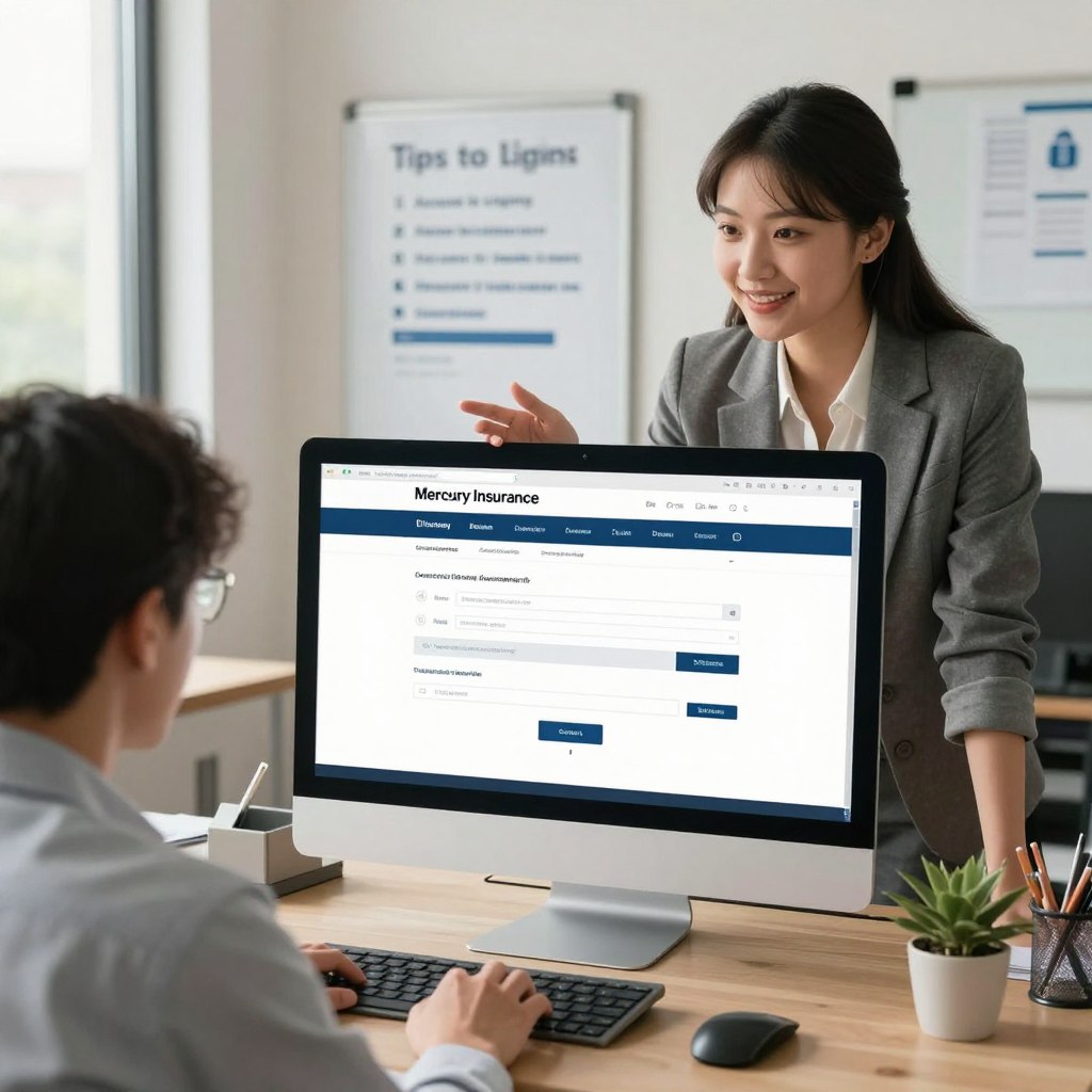 A bright and inviting office environment with a large desktop computer displaying the Mercury Insurance login page. In the foreground, a professional-looking woman in business attire is seated, with a friendly expression as she assists a user in navigating the website. She is gesturing towards the screen, demonstrating how to access account information. In the middle ground, a wall-mounted whiteboard displays tips for account login and security. The background features soft, natural lighting coming through a window, creating a warm and welcoming atmosphere. The overall mood is supportive and informative, designed to convey a sense of assistance and professionalism. The image should be captured from a slight angle to enhance depth, focusing on the interaction between the woman and the computer screen.