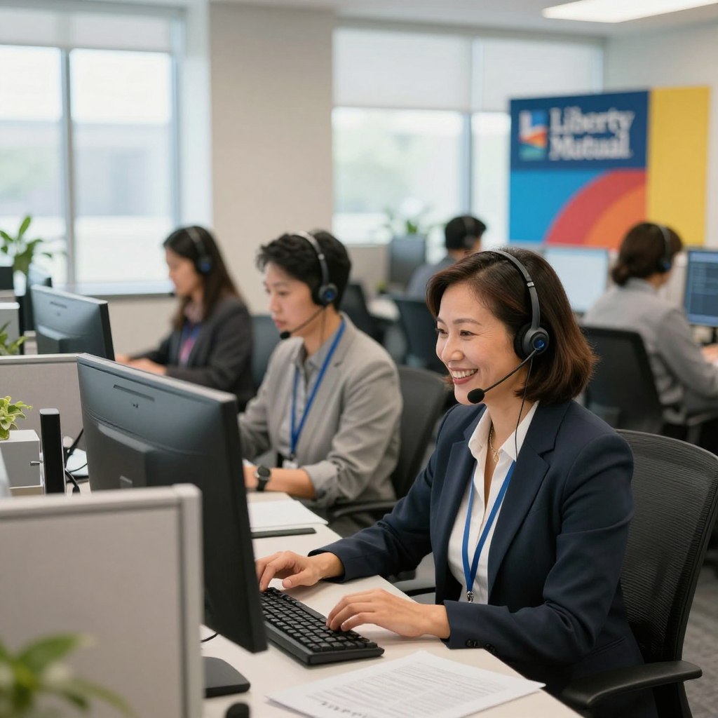 A busy Liberty Mutual customer support scene inside a bright, modern office. In the foreground, a friendly support agent, a middle-aged woman in professional business attire, is engaged in a conversation with a client over a headset, displaying a warm smile. The middle of the image showcases multiple cubicles with agents actively assisting customers, focused on their screens. Soft natural light filters through large windows, creating an inviting atmosphere. In the background, a vibrant display of Liberty Mutual branding is visible, with elements like the logo and color scheme subtly integrated. The overall mood is professional yet approachable, emphasizing dedication to customer care. The perspective is slightly angled to showcase the depth of the office space, highlighting the collaborative environment.
