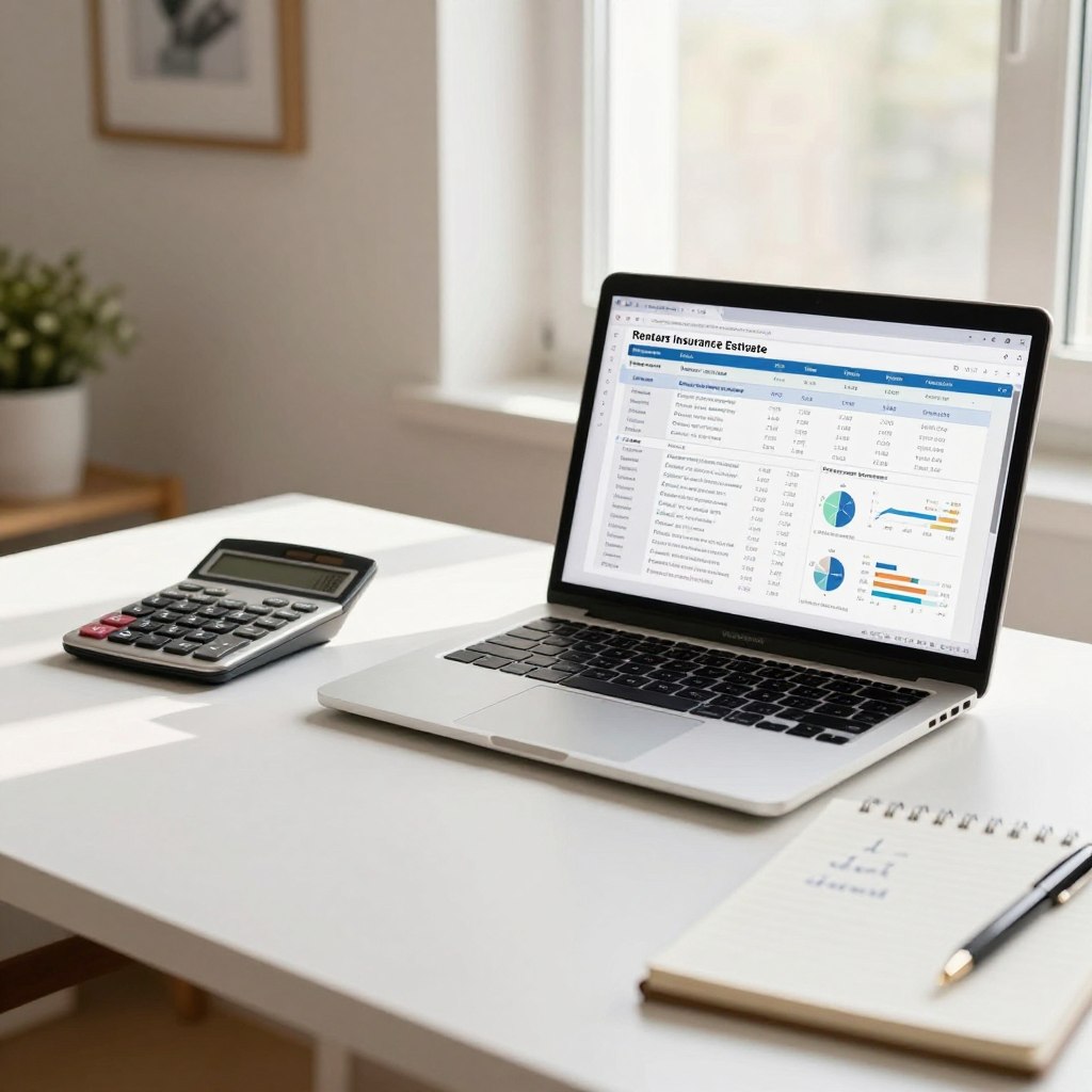 A clean, well-organized workspace featuring a modern desk. In the foreground, a laptop displaying a detailed renters insurance cost estimate table, with charts and figures for clarity. To the side, a calculator, a pen, and a notepad with a few handwritten notes on renters insurance. The middle ground shows a window with soft, natural light streaming in, illuminating the desk. In the background, a wall with tasteful decor, such as a framed picture or house plants, adding a touch of warmth to the scene. The mood is professional and inviting, with a focus on preparation and foresight. Use a warm color palette to convey a sense of security and comfort. A slight depth of field effect to emphasize the foreground details.