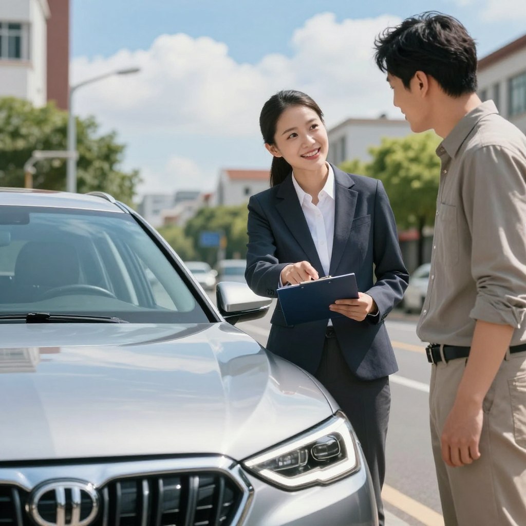A close-up view of a modern car, meticulously polished, parked on a vibrant city street during daylight. The foreground features a shiny car hood with reflections of nearby buildings. In the middle ground, a friendly insurance agent, dressed in a professional business suit, stands with a clipboard, pointing towards the car while engaging with a satisfied customer clad in smart casual attire. The background displays a clear blue sky with a few fluffy clouds and street greenery, portraying a sense of community and protection. The lighting is bright and natural, casting soft shadows to enhance the scene's warmth and professionalism. The atmosphere conveys trust and security, highlighting the importance of car insurance coverage in everyday life, ideally suited for an informative article on auto insurance.