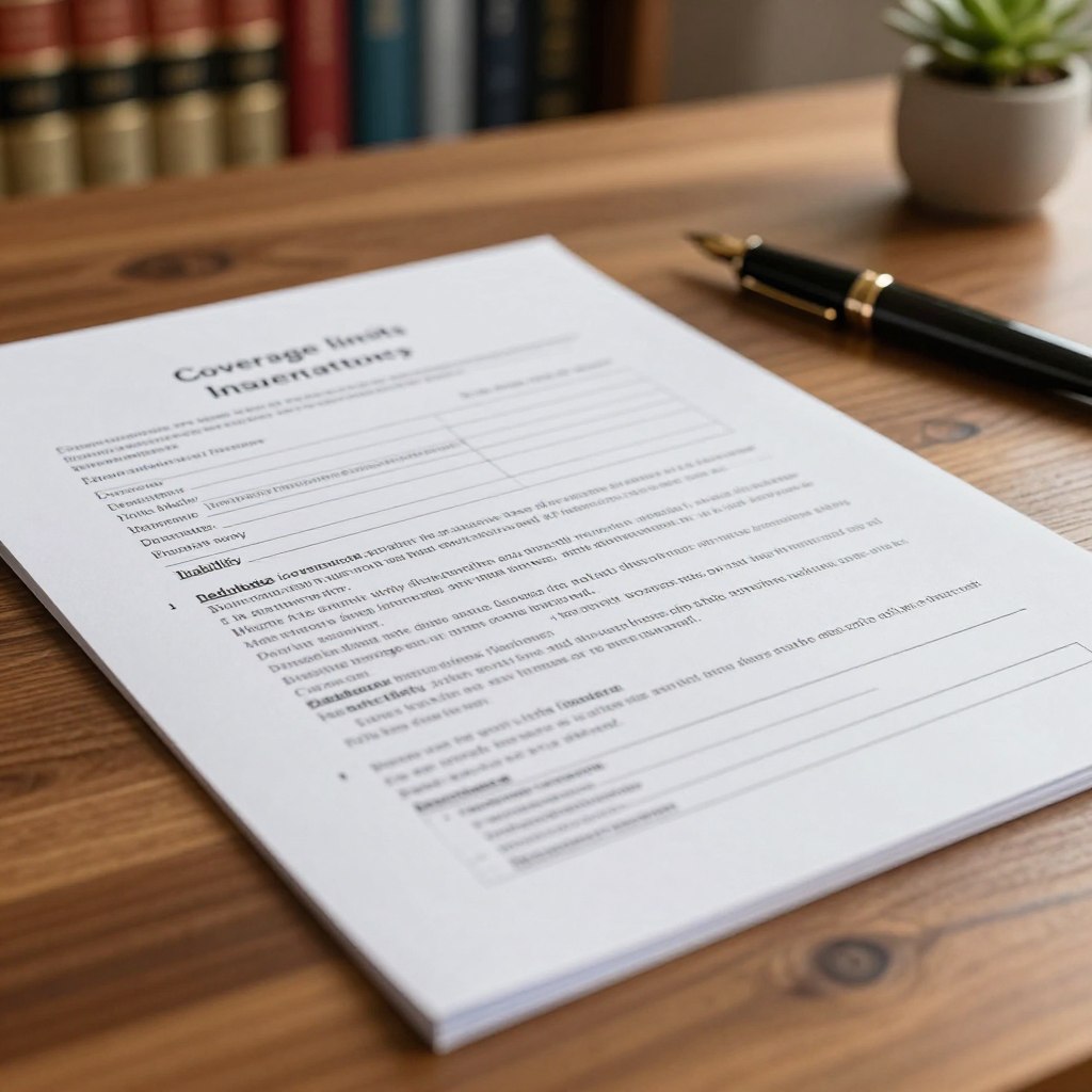 A close-up view of an open insurance policy document lying on a polished wooden desk, with a warm, soft light illuminating the paper. The foreground features detailed text with legal jargon and terminology in elegant font, showcasing phrases like "coverage limits," "liability," and "deductibles." The middle ground includes a stylish fountain pen poised next to the document, symbolizing professionalism. In the background, slightly out of focus, a bookshelf filled with law books and a small potted plant adds to the professional atmosphere. The overall mood is serious yet inviting, emphasizing clarity and understanding in the context of auto insurance policy language.