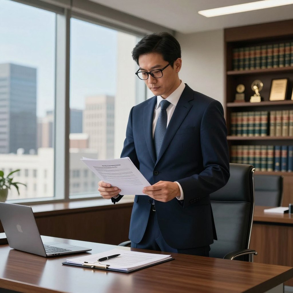 A confident insurance litigation lawyer standing in a modern office, wearing a tailored navy suit and glasses, holding a legal brief while reviewing documents. In the foreground, a polished wooden desk with a legal pad, pen, and a laptop displaying legal documents. In the middle ground, large windows letting in natural light, showcasing a cityscape outside, with tall buildings and a clear blue sky. The background features shelves filled with law books and awards, creating a professional, authoritative atmosphere. The lighting is bright and warm, emphasizing the lawyer's determination and trustworthiness. The overall mood conveys professionalism, competence, and focus in the realm of insurance litigation.
