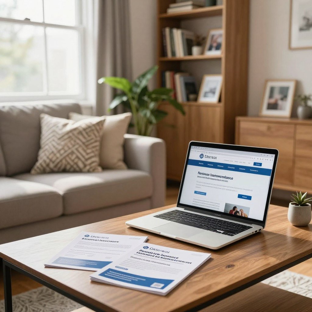 A cozy apartment living space, softly illuminated by natural light from a large window. In the foreground, a neatly arranged coffee table displays rental insurance brochures and a laptop open to a website comparing coverage options. The middle ground features a comfortable sofa with decorative pillows, alongside a potted plant that adds a touch of greenery. In the background, bookshelves filled with books and framed photos create a welcoming atmosphere. The color palette is warm and inviting, with soft earth tones. The overall mood conveys security and careful consideration, making it an ideal setting for exploring apartment insurance options. The scene embodies professionalism and comfort, ensuring an informative yet relaxing vibe.