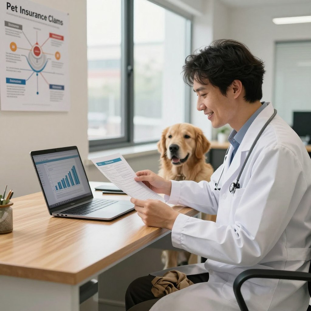 A cozy, modern office setting serves as the backdrop, illuminated by soft natural light filtering through large windows. In the foreground, a friendly veterinarian in a white lab coat reviews pet insurance claims paperwork at a polished wooden desk, a laptop open beside them displaying graphs and documents. A golden retriever sits patiently at the vet's feet, adding warmth to the scene. In the middle ground, a chart illustrating the pet insurance claims process is partially visible on a nearby wall, showcasing stages like submission, review, and approval. The atmosphere is professional yet inviting, filled with the soft sounds of a bustling clinic. Capture the scene from a slight angle that highlights both the vet’s concentration and the pet's calm demeanor.