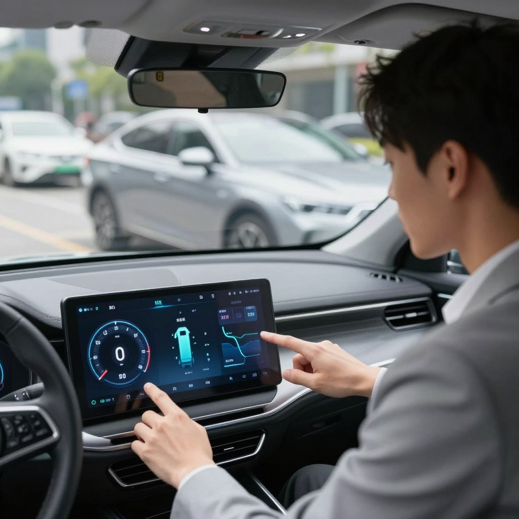 A dynamic and informative scene depicting usage-based insurance programs, centered on a modern car dashboard showcasing a digital speedometer and various real-time metrics on fuel efficiency and driving habits. In the foreground, a confident young adult in professional attire interacts with the dashboard interface, engaging with graphs that illustrate driving patterns, surrounded by an atmosphere of innovation and technology. In the middle ground, a sleek car parked in an urban environment with other cars in the background, suggesting a modern lifestyle. The lighting is bright and inviting, with a soft-focus effect on the background to create depth, highlighting the importance of innovation in car insurance savings. The mood is optimistic and forward-thinking, emphasizing cost-effective solutions in the insurance industry.