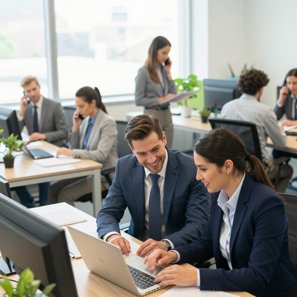 A dynamic scene capturing a group of friendly Gallagher Insurance agents in a modern office setting. In the foreground, two agents in professional business attire, one male and one female, engage in a discussion over a laptop, exuding a sense of collaboration and expertise. The middle ground features an open workspace with additional agents at their desks, reviewing documents and consulting clients over the phone. In the background, large windows allow natural light to flood the room, illuminating the space and creating a warm, inviting atmosphere. The color palette is professional with blues and greens, reflecting trust and reliability. The angle is slightly tilted from above, showcasing the team spirit and professionalism of Gallagher Insurance agents as local experts. The mood is positive and supportive, ideal for an insurance agency focused on tailored protection for clients. A dynamic scene capturing a group of friendly Gallagher Insurance agents in a modern office setting. In the foreground, two agents in professional business attire, one male and one female, engage in a discussion over a laptop, exuding a sense of collaboration and expertise. The middle ground features an open workspace with additional agents at their desks, reviewing documents and consulting clients over the phone. In the background, large windows allow natural light to flood the room, illuminating the space and creating a warm, inviting atmosphere. The color palette is professional with blues and greens, reflecting trust and reliability. The angle is slightly tilted from above, showcasing the team spirit and professionalism of Gallagher Insurance agents as local experts. The mood is positive and supportive, ideal for an insurance agency focused on tailored protection for clients.