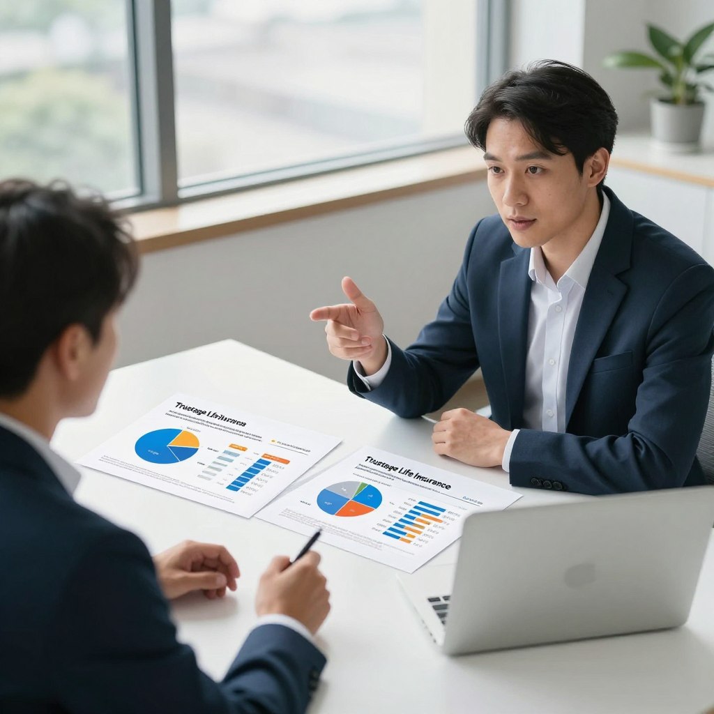 A dynamic visual comparison of life insurance options presented in a sleek, modern office setting. In the foreground, a professional businessperson in business attire, seated at a desk with an open laptop, intently discussing life insurance with another individual. The middle ground features a well-organized table displaying informatively designed charts and comparison graphs of Trustage Life Insurance alongside other providers, with clear indicators of coverage benefits and pricing. The background showcases a large window with natural light flooding in, creating an inviting atmosphere. The mood is analytical and focused, emphasizing trust and reliability in securing family protection. Use a slightly elevated angle to capture the collaboration and engagement between the two subjects, ensuring the environment feels professional yet approachable.