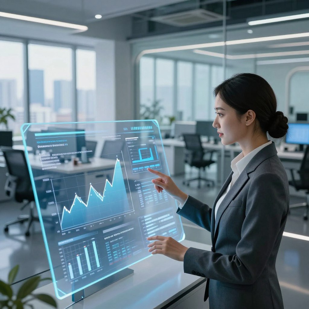 A futuristic office environment showcasing trends in insurance deductibles. In the foreground, a professional businesswoman in a tailored suit examines digital graphs and charts on a transparent touchscreen, displaying fluctuating deductible trends. The middle ground features a sleek, modern workspace with innovative design elements, such as glass walls and ergonomic furniture, symbolizing the insurance industry's evolution. In the background, large windows reveal a city skyline representing growth and progress, illuminated by soft, natural light filtering in. The overall atmosphere is one of professionalism and optimism, focusing on the future of insurance deductibles. Use a slightly elevated angle for the perspective, emphasizing the depth of the scene and the engagement of the professional with the data.