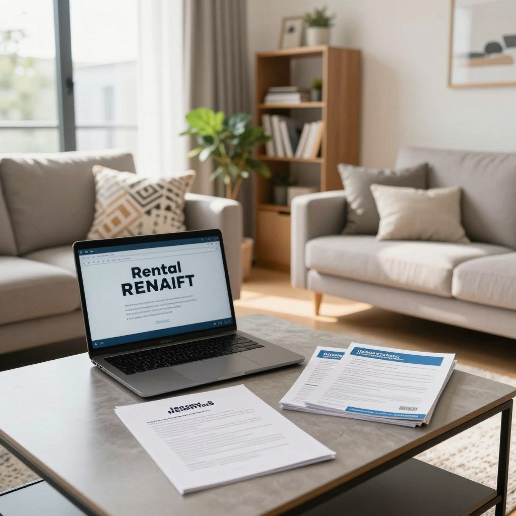 A modern apartment interior showcasing essential resources for renters. In the foreground, a stylish coffee table holds a laptop, rental insurance documents, and a few brochures related to apartment insurance. In the middle ground, a cozy living space features a comfortable sofa adorned with decorative cushions, a bookshelf filled with practical home guides, and a potted plant enhancing the ambiance. The background reveals a large window with natural light streaming in, casting a warm glow across the room. The atmosphere is inviting and professional, reflecting a sense of security and preparedness. The image should capture a broad angle of the apartment, emphasizing a clean and organized environment, highlighting the concept of protecting one's rental space through reliable insurance resources.