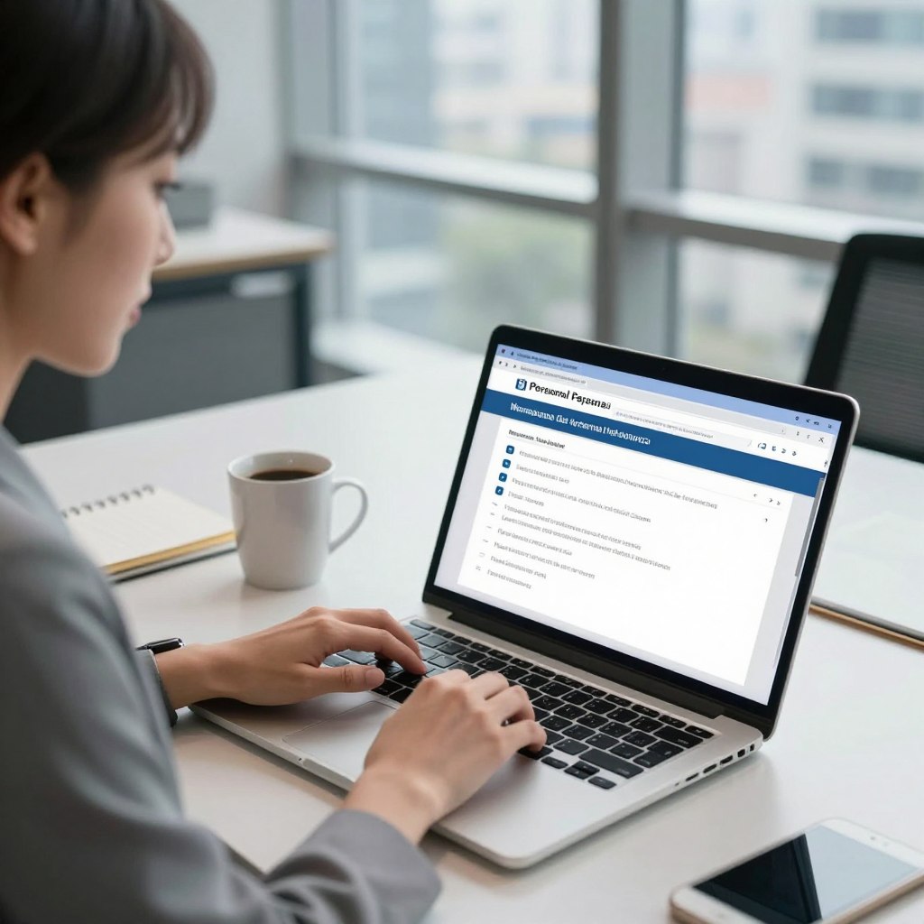 A modern office environment highlighting an individual updating their personal information on a laptop. In the foreground, a professional woman in business attire, intently focused on the screen, with her fingers on the keyboard. The middle ground features a sleek desk with a few personal items like a coffee mug and a notepad. In the background, large windows let in natural light, revealing a cityscape outside. The scene should convey a sense of professionalism and security, reflecting the importance of managing personal information. The lighting is bright and inviting, with soft shadows to enhance depth. The angle is slightly above eye level, providing a clear view of the screen and the individual’s expression of concentration.