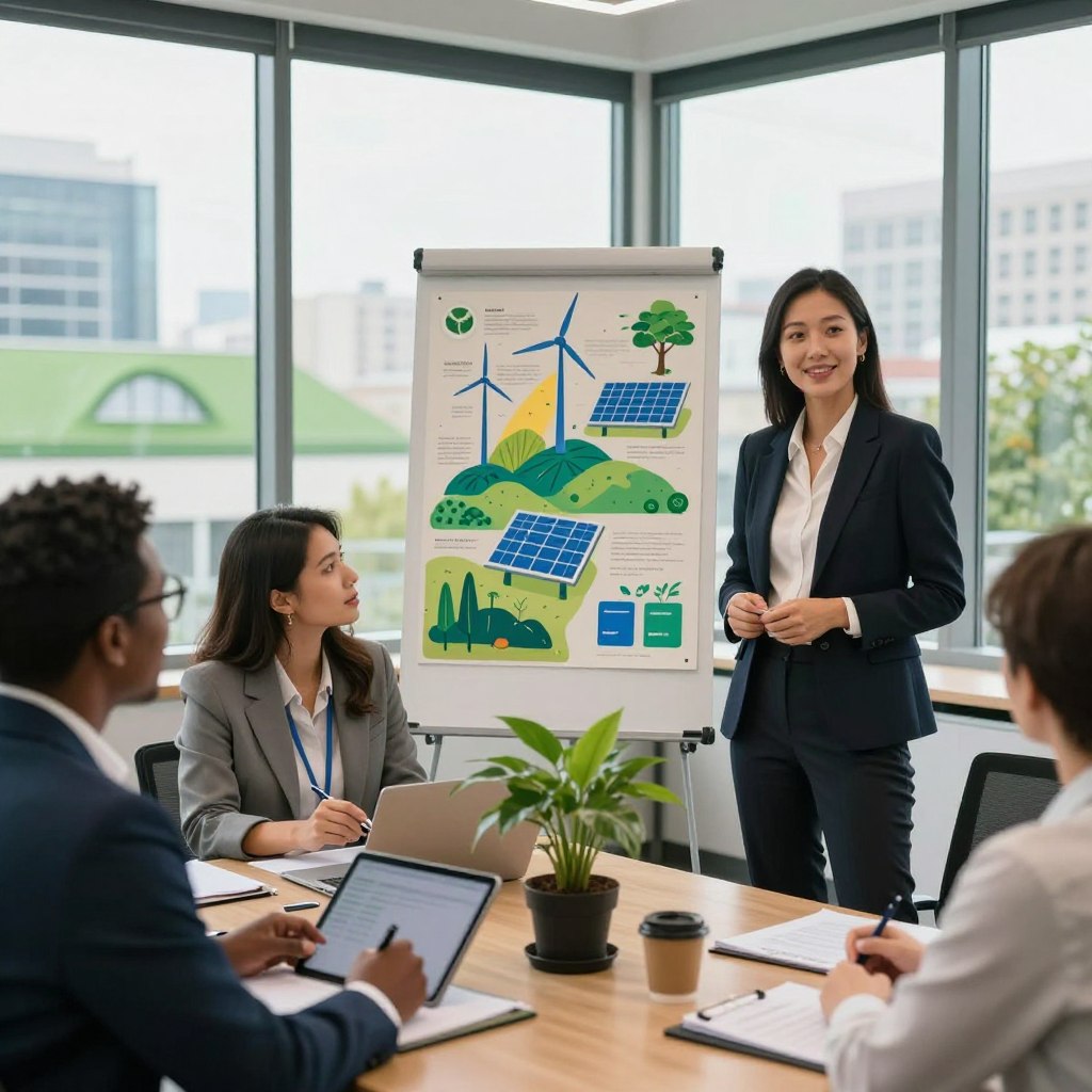 A modern office setting featuring a diverse group of professionals in business attire engaged in a sustainability workshop. In the foreground, a tall, confident woman of Asian descent is presenting a vibrant infographic about renewable energy sources. To her left, a Black man, wearing glasses, is taking notes on a tablet, while a Hispanic woman examines a small plant in a pot, symbolizing green initiatives. The middle ground shows a large, eco-friendly poster made from recycled materials, adorned with illustrations of wind turbines and solar panels. In the background, large windows provide natural light, revealing an urban skyline with green rooftops and trees. The mood is optimistic and collaborative, emphasizing innovation and commitment to a sustainable future.