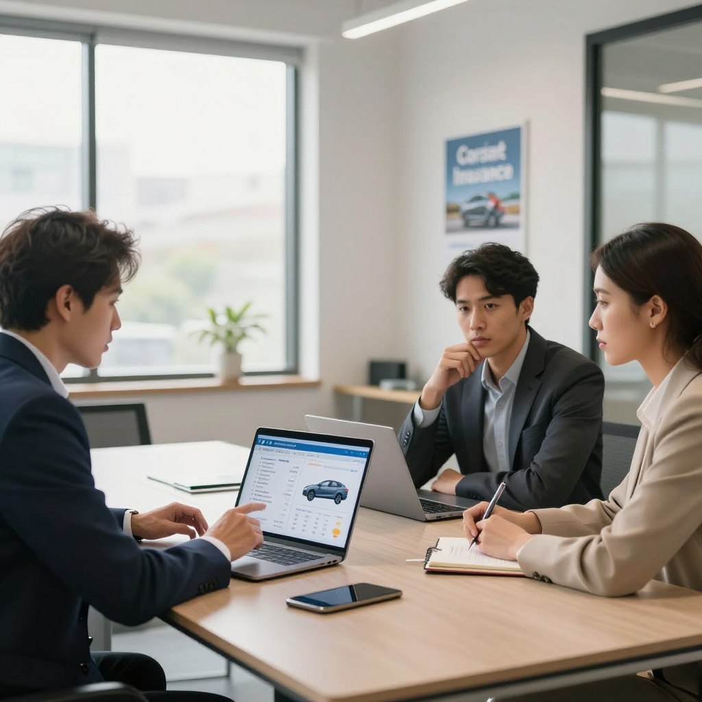 A modern office setting featuring a large, sleek conference table. In the foreground, a diverse group of three professionals—two men and one woman—are intently discussing car insurance quotes, each with a laptop open showing various comparison charts. The man on the left, dressed in a sharp navy suit, gestures towards the screen, while the woman, wearing a smart blouse and blazer, takes notes. The second man, in smart-casual attire, looks thoughtfully at the data on his laptop. The background features a large window with natural light flooding the room, casting a warm, inviting atmosphere. A motivational poster related to financial success is visible on the wall. The image captures a focused and analytical mood, emphasizing the importance of comparing car insurance options. A modern office setting featuring a large, sleek conference table. In the foreground, a diverse group of three professionals—two men and one woman—are intently discussing car insurance quotes, each with a laptop open showing various comparison charts. The man on the left, dressed in a sharp navy suit, gestures towards the screen, while the woman, wearing a smart blouse and blazer, takes notes. The second man, in smart-casual attire, looks thoughtfully at the data on his laptop. The background features a large window with natural light flooding the room, casting a warm, inviting atmosphere. A motivational poster related to financial success is visible on the wall. The image captures a focused and analytical mood, emphasizing the importance of comparing car insurance options.