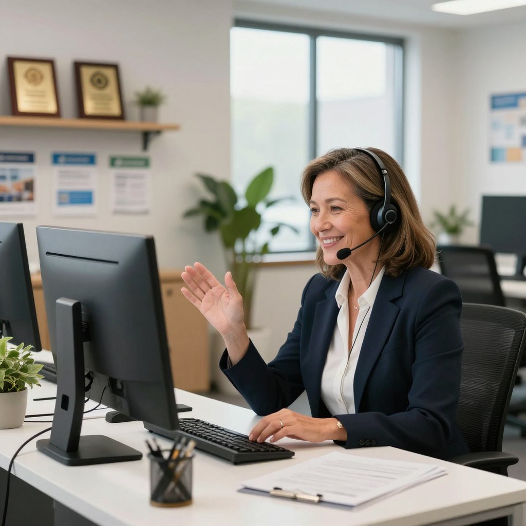 A modern office space with a bright, welcoming atmosphere, featuring a customer support representative in business attire. The representative, a middle-aged woman with warm, friendly features, is sitting at a sleek desk with a computer displaying Farmers Insurance branding. In the foreground, she is engaged in a conversation, with a headset on and a genuine smile, conveying helpfulness and professionalism. The middle ground shows a cozy, well-organized customer service area with plants and light streaming through large windows. In the background, soft-focus shelves showcase awards and brochures about Farmers Insurance services. The scene is well-lit with soft, natural light creating an inviting, reassuring mood that emphasizes reliability and accessibility in customer support options. A modern office space with a bright, welcoming atmosphere, featuring a customer support representative in business attire. The representative, a middle-aged woman with warm, friendly features, is sitting at a sleek desk with a computer displaying Farmers Insurance branding. In the foreground, she is engaged in a conversation, with a headset on and a genuine smile, conveying helpfulness and professionalism. The middle ground shows a cozy, well-organized customer service area with plants and light streaming through large windows. In the background, soft-focus shelves showcase awards and brochures about Farmers Insurance services. The scene is well-lit with soft, natural light creating an inviting, reassuring mood that emphasizes reliability and accessibility in customer support options.