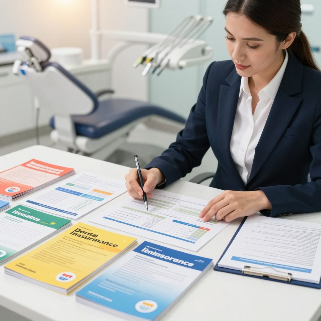 A professional and informative setting illustrating a comparison of dental insurance plans. In the foreground, an organized desk displays colorful brochures and charts showing different dental insurance options, including Aspen Dental Insurance. In the middle ground, a well-dressed businesswoman, in smart attire, is thoughtfully analyzing the materials, highlighting key points with a pen. In the background, a soft-focus image of a dental office can be seen, with dental chairs and equipment subtly blurred to maintain focus on the comparison scene. The lighting is bright but warm, creating an inviting, professional atmosphere. The scene conveys a sense of clarity, decision-making, and expertise, ideal for discussing insurance options.