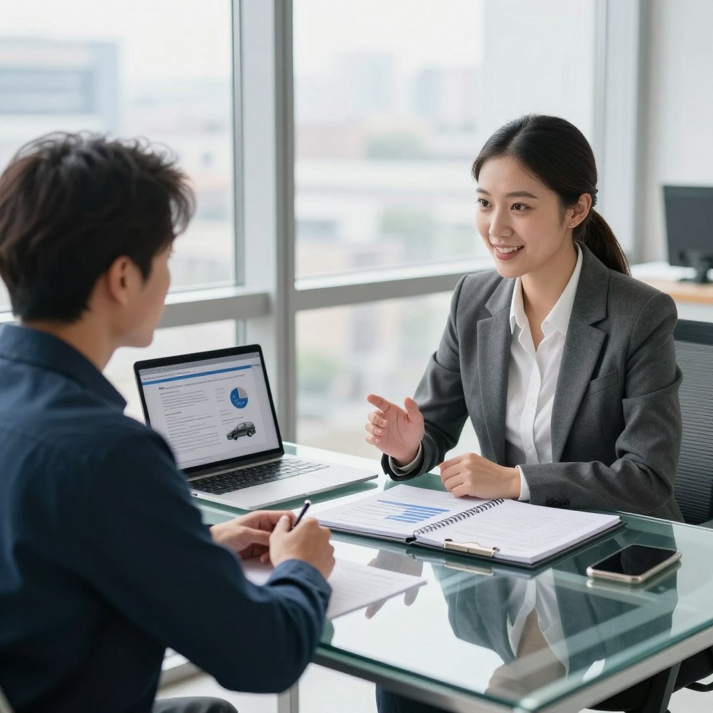 A professional insurance agent consulting with a client in a modern office setting. The foreground features a focused, friendly insurance agent in business attire, seated at a sleek, glass desk, actively discussing car insurance options with a client, who appears engaged and interested, wearing smart casual clothing. The middle layer includes a laptop opened with insurance documents and charts displayed, alongside a notepad filled with notes. In the background, large windows let in natural light, illuminating the room, and allowing a view of a cityscape. The atmosphere is calm and professional, emphasizing a feeling of trust and clarity in the consultation process. The camera angle is slightly elevated, capturing both the agent's earnest expression and the client's attentive demeanor, creating an inviting and informative scene.