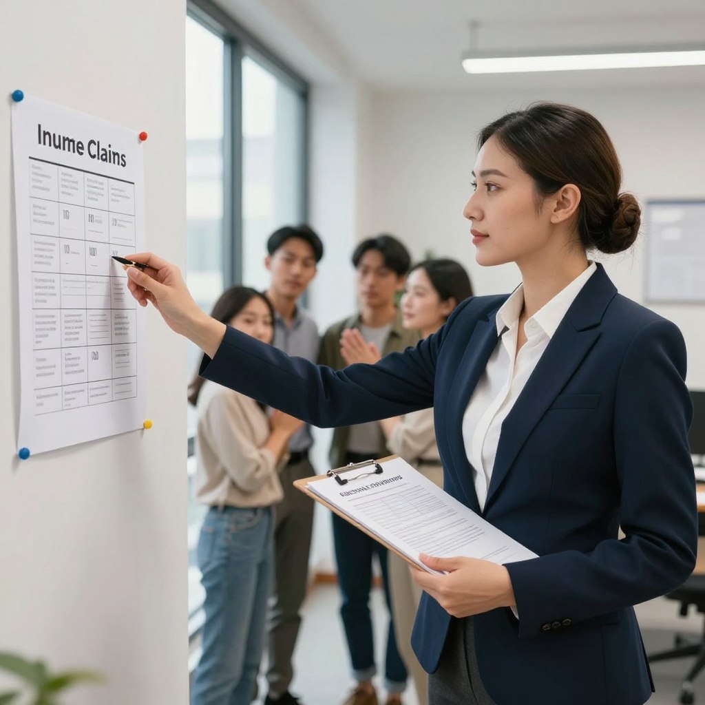 A professional insurance claims advocate stands confidently in the foreground, dressed in a tailored navy suit and a crisp white shirt, exuding competence and approachability. She holds a clipboard with important documents in one hand and gestures toward a successful claim infographic pinned on a nearby wall, reflecting dedication and success. In the middle ground, a diverse group of clients—families and individuals—express gratitude and relief, reinforcing the advocate's effectiveness. The background features a modern office environment with soft natural lighting streaming through large windows, creating an inviting atmosphere. The angle emphasizes the advocate's leadership and engagement in the scene, capturing a moment of triumph in navigating the complexities of insurance claims. The overall mood conveys professionalism, success, and hope for those seeking justice and compensation.