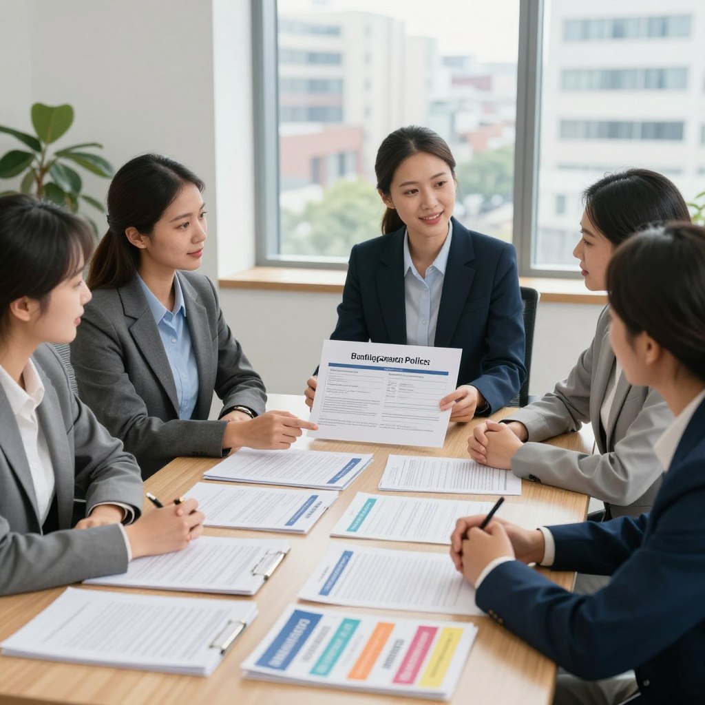 A professional office environment where a confident insurance agent in smart business attire is discussing multiple insurance policy options with a diverse group of satisfied clients. In the foreground, show a table filled with neatly organized documents and colorful brochures detailing various insurance policies. In the middle, portray the engaged conversation, with the agent pointing at a comparison chart illustrating benefits and savings from bundling policies. In the background, a large window offers a view of a bustling city, with soft natural light illuminating the scene, creating a warm and inviting atmosphere. The mood should be professional yet approachable, highlighting the advantages of bundling insurance policies.