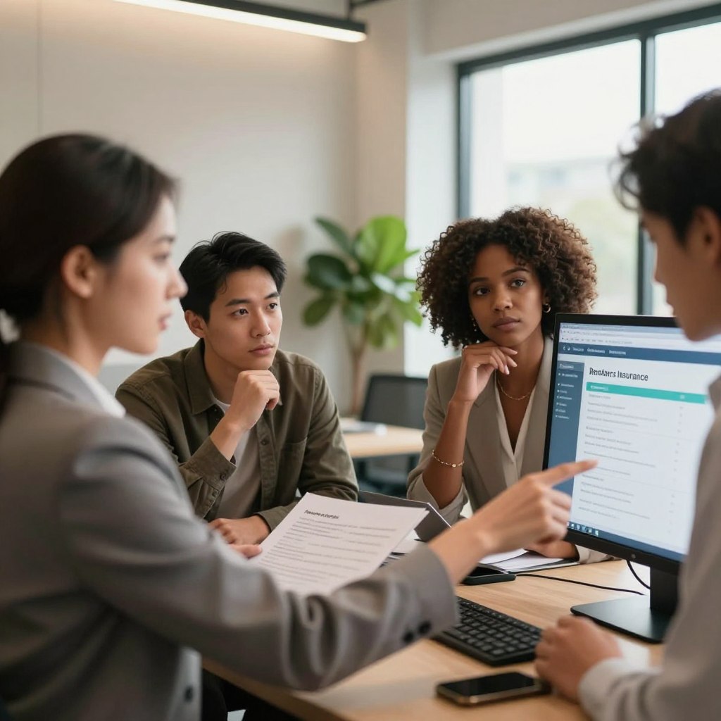 A professional office scene depicting a diverse group of individuals engaged in a discussion about renters insurance quotes. In the foreground, a businesswoman in a smart blazer points to a digital screen displaying a graphical representation of insurance quotes. In the middle, a diverse group of individuals, including an Asian man in a smart casual outfit and an African American woman in business attire, are reviewing documents and looking thoughtfully at the screen. The background features a modern office environment with light-colored walls, a large window letting in natural light, and potted plants adding a touch of greenery. The atmosphere is focused and professional, conveying a sense of collaboration and importance. Use warm lighting to create an inviting ambiance, captured from a slight angle for depth.