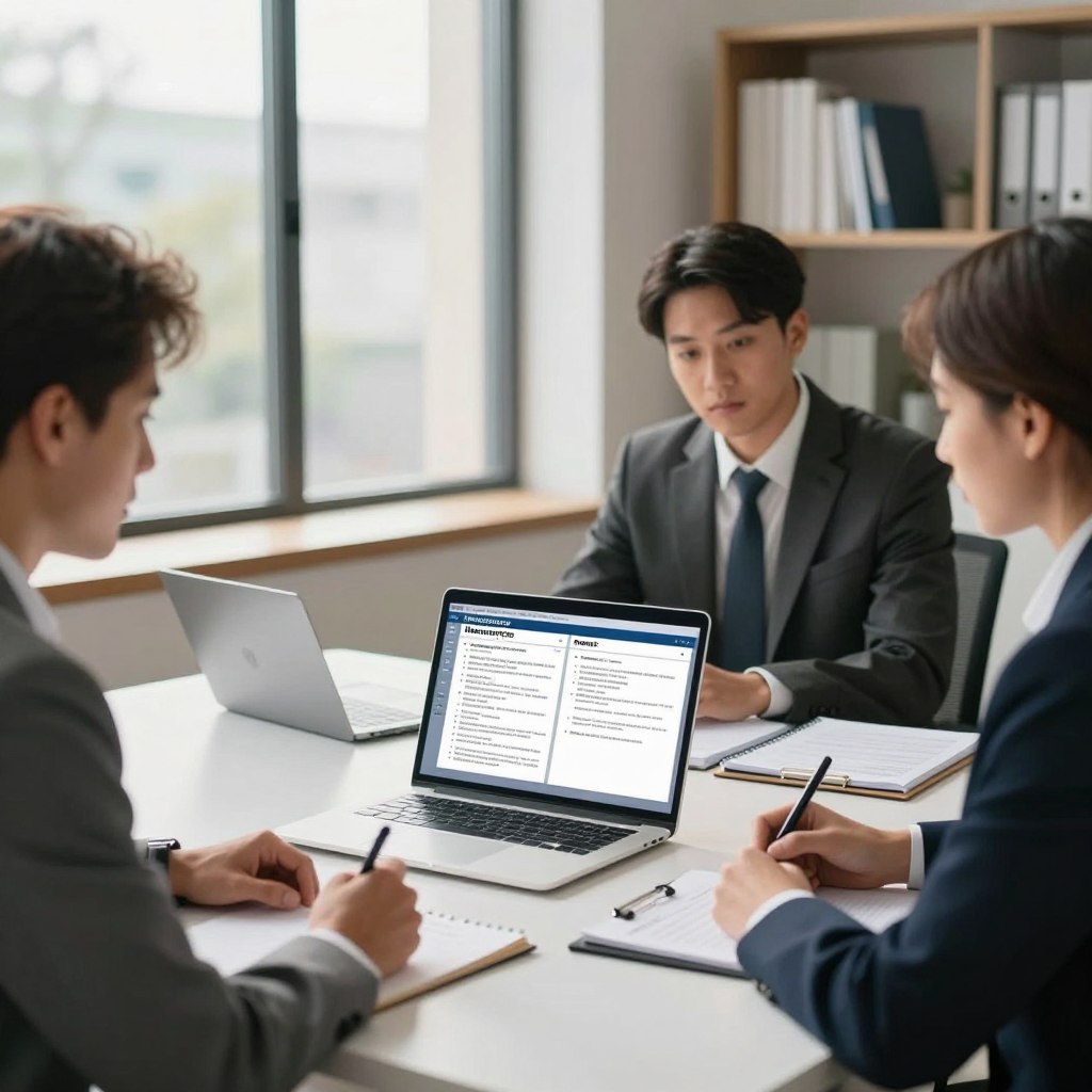 A professional office setting with a modern desk featuring a laptop displaying multiple insurance quotes side by side. On the foreground, a diverse group of three professionals—two men and one woman—are engaged in a discussion, analyzing the quotes. They are dressed in smart business attire, with notepads and pens in hand. The middle ground shows a large window letting in soft, natural light that casts gentle shadows across the room. In the background, a bookshelf filled with books on finance and insurance enhances the atmosphere of professionalism and expertise. The mood is focused and collaborative, emphasizing the importance of careful comparison in making informed insurance decisions, with a clean and organized look to avoid any clutter.
