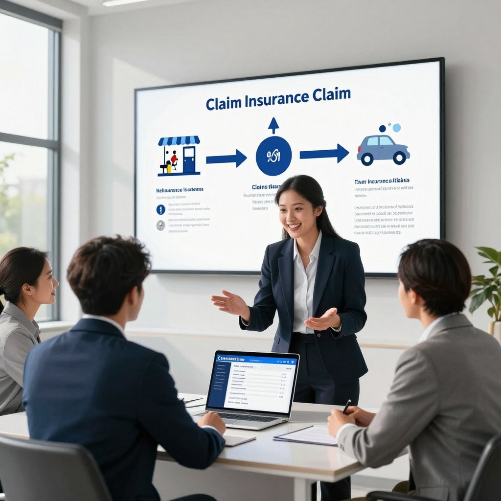 A sleek, modern office environment depicting the Allstate car insurance claims process. In the foreground, a friendly insurance agent, dressed in professional business attire, attentively explains the claims process to a diverse, well-dressed couple seated at a polished desk. On the desk, a laptop displays a user-friendly claims application interface. In the middle ground, a large wall features an infographic illustrating the step-by-step claims process, with clear visuals of repair shops and customer feedback. The background includes a large window showcasing a sunny day outside, casting soft, natural light across the scene. The overall mood conveys professionalism, trust, and clarity, emphasizing a reassuring experience in managing car insurance claims.
