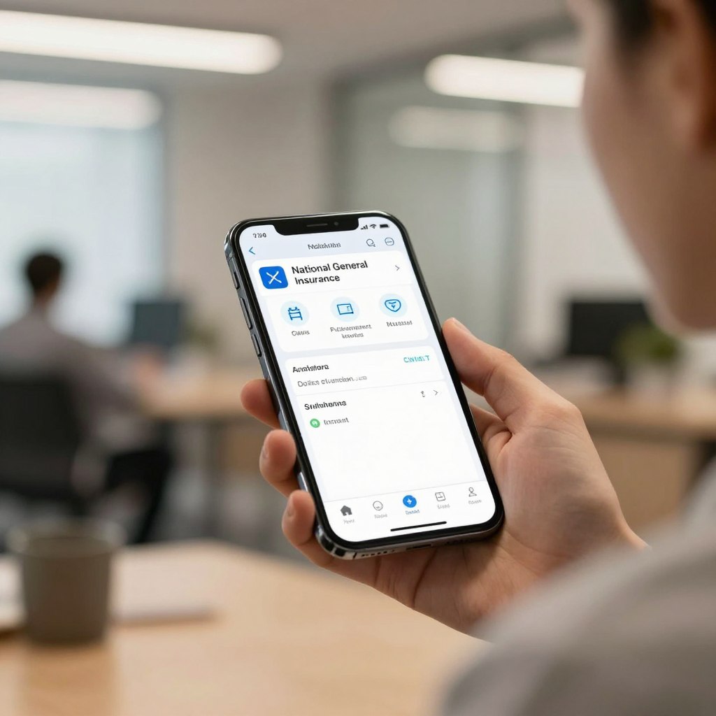 A sleek smartphone displaying the National General Insurance mobile app interface, prominently featuring a bright, user-friendly dashboard with icons for claims, policy management, and contact support. The app is shown in the foreground with a soft-focus background of a modern office space, suggesting a professional setting. Warm, soft lighting enhances the scene, giving a welcoming atmosphere. A business professional in modest casual attire interacts with the app, their focused expression depicting engagement with the features. The image is shot at eye level with a shallow depth of field that draws attention to the phone while softly blurring the office details behind. The overall mood conveys efficiency and reliability in managing insurance needs digitally.