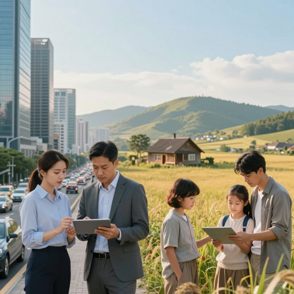 A split-scene image contrasting urban and rural settings for insurance quotes. In the foreground, on the left, depict a bustling cityscape with modern skyscrapers and busy streets, featuring professional business people in modest attire discussing insurance quotes on tablets. In the middle, transition to a serene rural landscape with rolling hills, a small farmhouse, and a peaceful atmosphere, where a family is reviewing insurance options outdoors. The background should blend the two regions, with a clear sky and soft lighting illuminating the urban side with cool tones, while warm tones illuminate the rural side, creating a harmonious balance. The overall mood should reflect the different lifestyles and insurance perceptions shaped by location.