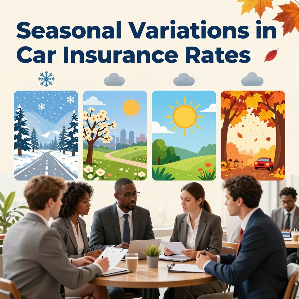 A vibrant, informative illustration depicting "Seasonal Variations in Car Insurance Rates." In the foreground, a diverse group of professionals in business attire, discussing car insurance quotes at an outdoor café. In the middle ground, a series of four seasonal scenes representing each season: winter with snowflakes and icy roads, spring with blooming flowers and sunny weather, summer with bright sun and green landscapes, and autumn with colorful leaves falling. The background features a skyline of Massachusetts, with subtle hints of different weather patterns for each season above the respective scenes. Soft, natural lighting emphasizes the seasonal transitions, creating a warm and inviting atmosphere. The angle captures the dynamic interactions among the professionals, illustrating the impact of seasonal changes on car insurance rates. A vibrant, informative illustration depicting "Seasonal Variations in Car Insurance Rates." In the foreground, a diverse group of professionals in business attire, discussing car insurance quotes at an outdoor café. In the middle ground, a series of four seasonal scenes representing each season: winter with snowflakes and icy roads, spring with blooming flowers and sunny weather, summer with bright sun and green landscapes, and autumn with colorful leaves falling. The background features a skyline of Massachusetts, with subtle hints of different weather patterns for each season above the respective scenes. Soft, natural lighting emphasizes the seasonal transitions, creating a warm and inviting atmosphere. The angle captures the dynamic interactions among the professionals, illustrating the impact of seasonal changes on car insurance rates.