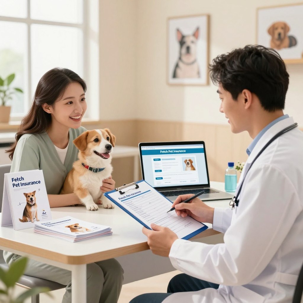 A visually appealing illustration depicting a professional setting focused on pet insurance FAQs. In the foreground, a friendly veterinarian in a white coat, holding a clipboard with pet information, is engaged in discussing with a curious pet owner, who is accompanied by a cheerful dog. The middle ground features a stylish desk with pet-related brochures and a laptop open to a ‘Fetch Pet Insurance’ webpage. The background presents a warm and inviting veterinary clinic environment, adorned with pet-themed artwork and a soft light filtering through large windows, creating an uplifting and informative atmosphere. The composition captures the essence of trust and care in pet insurance, emphasizing clarity and support.