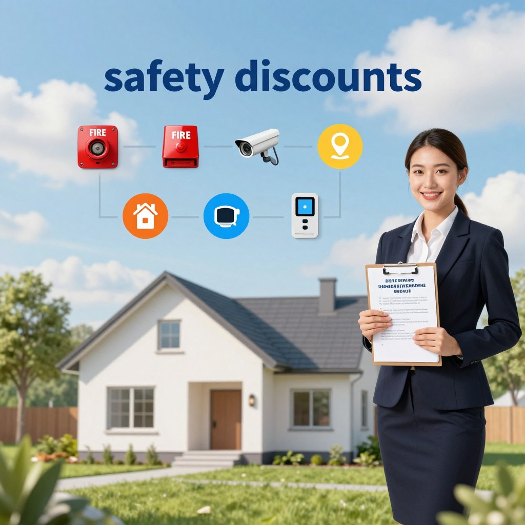 A visually appealing illustration depicting the concept of "safety discounts" related to home insurance. In the foreground, feature a sleek, modern house with a well-maintained lawn, symbolizing a safe and secure home. On one side, include a cheerful, professional business person in smart attire, holding a clipboard with home improvement and safety tips, representing knowledge of discounts. In the middle, display vibrant icons representing various safety features such as fire alarms, security cameras, and smart home devices, interconnected with lines to show their significance in reducing insurance costs. The background should include a bright, sunny sky with a few fluffy clouds, creating a positive and optimistic atmosphere. Use soft, natural lighting to enhance the sense of safety and savings, with a slight focal blur on the background for a professional photography effect. A visually appealing illustration depicting the concept of "safety discounts" related to home insurance. In the foreground, feature a sleek, modern house with a well-maintained lawn, symbolizing a safe and secure home. On one side, include a cheerful, professional business person in smart attire, holding a clipboard with home improvement and safety tips, representing knowledge of discounts. In the middle, display vibrant icons representing various safety features such as fire alarms, security cameras, and smart home devices, interconnected with lines to show their significance in reducing insurance costs. The background should include a bright, sunny sky with a few fluffy clouds, creating a positive and optimistic atmosphere. Use soft, natural lighting to enhance the sense of safety and savings, with a slight focal blur on the background for a professional photography effect.