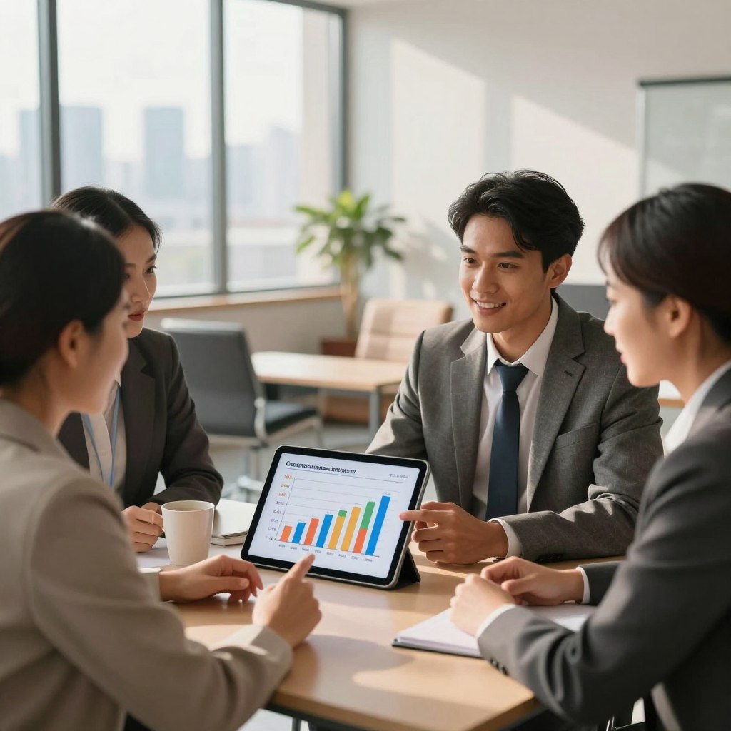 A visually engaging composition showcasing customer service ratings for car insurance. In the foreground, a diverse group of professionals in business attire, engaged in a constructive discussion, with one person pointing to a digital tablet displaying a colorful bar graph illustrating customer satisfaction scores. The middle ground features a stylish office setting, with a large window allowing natural light to filter in, casting soft shadows on the contemporary furniture. In the background, a subtle hint of a city skyline can be seen, symbolizing the broader car insurance market. The atmosphere is positive and collaborative, reflecting the importance of customer service in the industry, with warm color tones and a clean, modern aesthetic. The image captures a sense of professionalism and trustworthiness, ideal for drawing attention to customer service ratings.