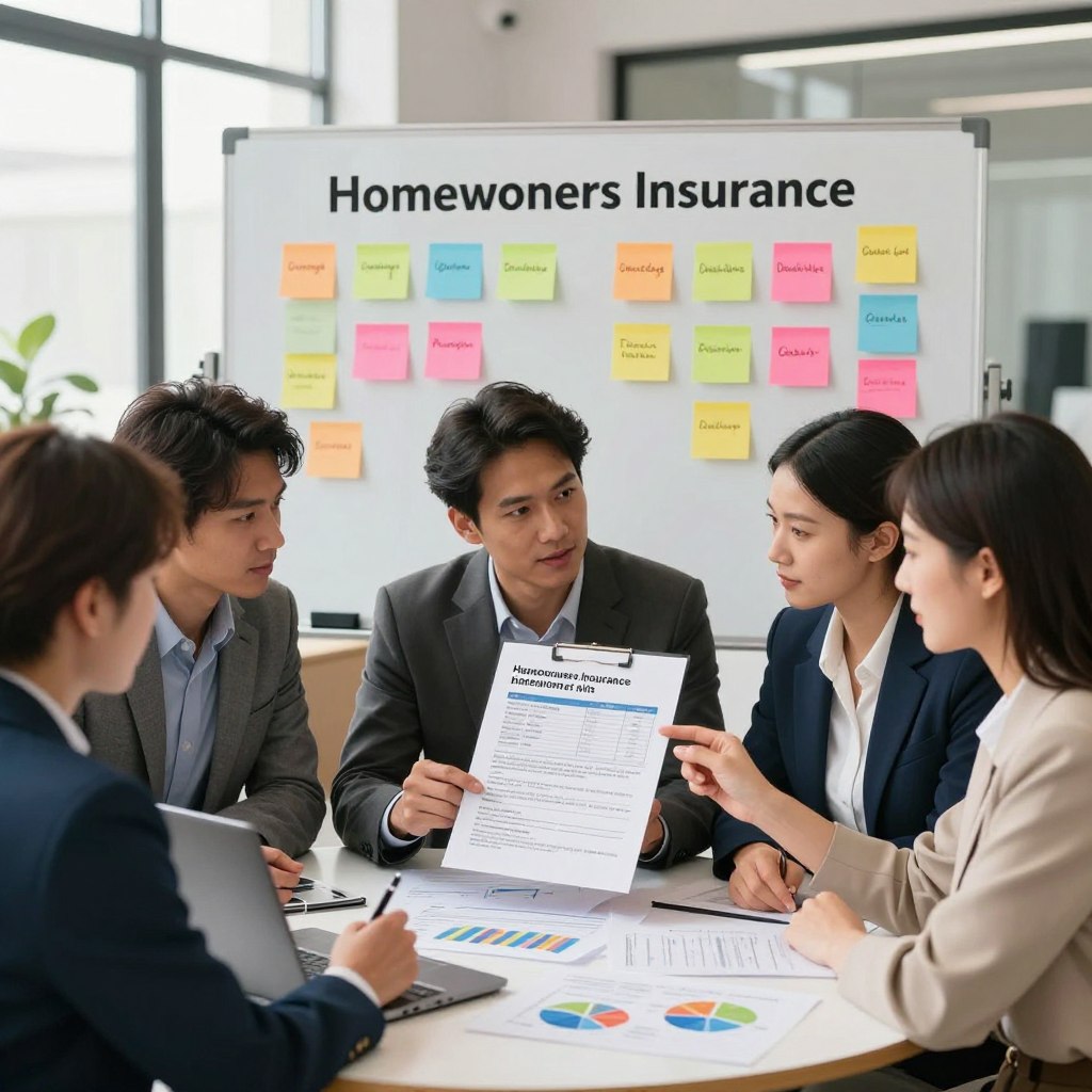 A visually engaging illustration depicting a homeowners insurance quote comparison scene. In the foreground, show a diverse group of three professionals, a man and two women, discussing a document with policy limits and deductibles prominently displayed. They are dressed in smart business attire, sitting at a round table with a laptop open and various charts and graphs showing different insurance rates. The middle layer contains a large whiteboard filled with colorful sticky notes highlighting key aspects like coverage options, deductibles, and premium costs. The background features a bright, modern office space with windows letting in natural light, creating a welcoming atmosphere. Use warm lighting and a slightly elevated angle to convey a sense of collaboration and clarity, focusing on the important details related to homeowners insurance.