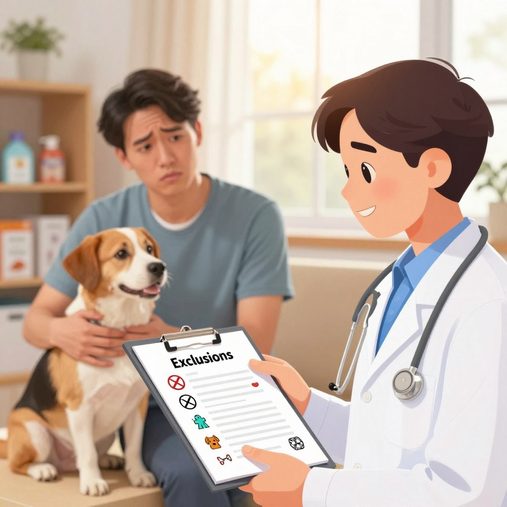 A visually engaging illustration depicting the concept of pet insurance exclusions and limitations. In the foreground, a friendly veterinarian in professional attire holds a clipboard with a checklist labeled "Exclusions" surrounded by various symbols like a crossed-out bone, a sick pet, and medical icons, indicating common exclusions. In the middle, a worried pet owner, dressed in modest casual clothing, looks thoughtfully at their dog sitting beside them. In the background, soft sunlight filters through a window, creating a warm and reassuring atmosphere, with shelves lined with pet care items. Use a shallow depth of field to keep the focus on the veterinarian and pet owner while gently blurring the background, enhancing the sense of concern and care that comes with selecting the right insurance for pets. A visually engaging illustration depicting the concept of pet insurance exclusions and limitations. In the foreground, a friendly veterinarian in professional attire holds a clipboard with a checklist labeled "Exclusions" surrounded by various symbols like a crossed-out bone, a sick pet, and medical icons, indicating common exclusions. In the middle, a worried pet owner, dressed in modest casual clothing, looks thoughtfully at their dog sitting beside them. In the background, soft sunlight filters through a window, creating a warm and reassuring atmosphere, with shelves lined with pet care items. Use a shallow depth of field to keep the focus on the veterinarian and pet owner while gently blurring the background, enhancing the sense of concern and care that comes with selecting the right insurance for pets.