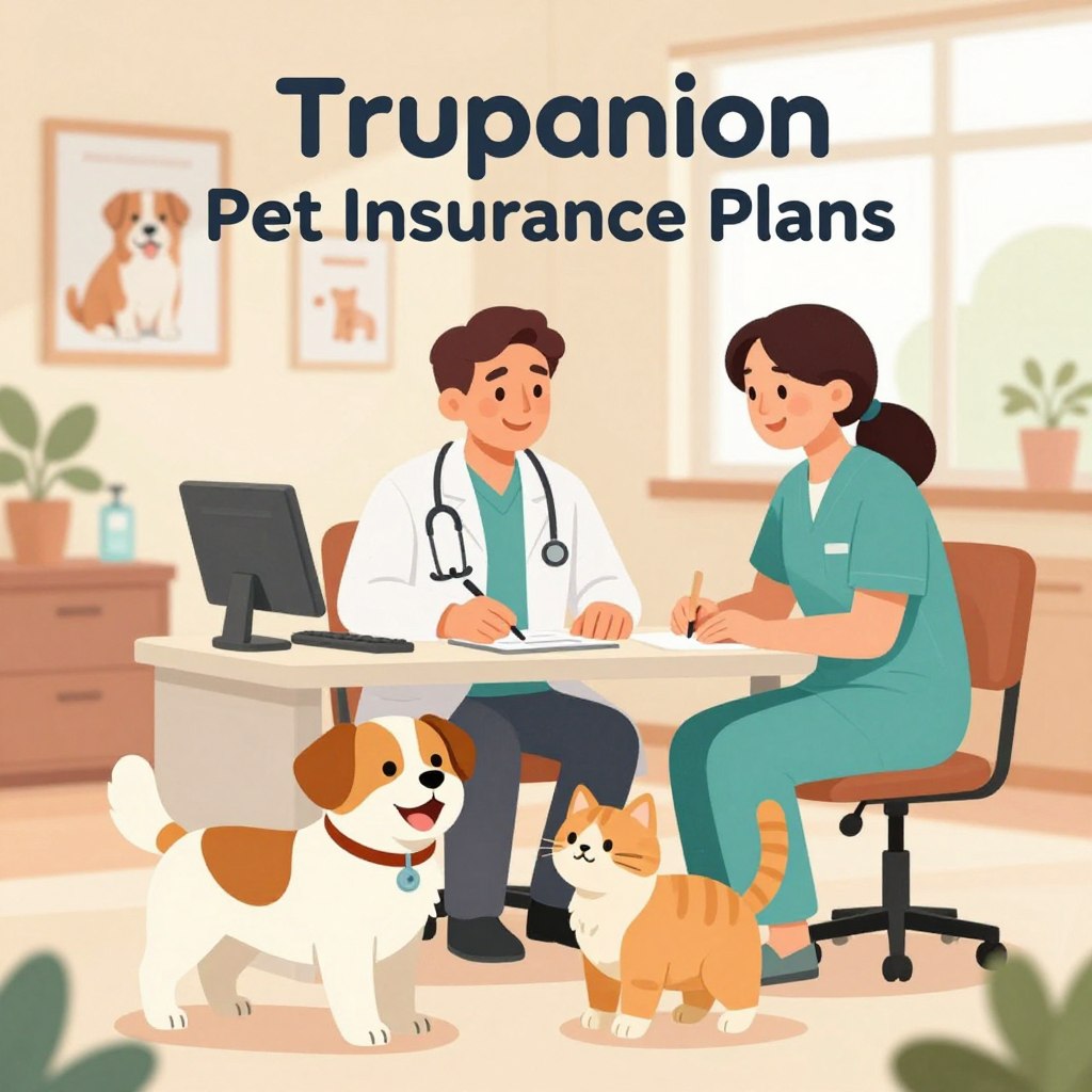 A visually engaging illustration representing "Trupanion Pet Insurance Plans." In the foreground, a happy dog and cat play together, symbolizing health and vitality. The middle layer features a friendly veterinarian consulting with a pet owner, both dressed in professional attire, discussing the benefits of Trupanion’s insurance. In the background, a warm, welcoming veterinary clinic setting is depicted, with pet care posters and soft light streaming through the windows. The overall mood should be uplifting, portraying care, trust, and security, while emphasizing the importance of pet health insurance. Use soft, natural lighting to create a comforting atmosphere, capturing the essence of responsible pet ownership.