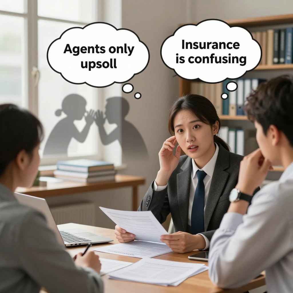 A visually engaging scene depicting the common myths surrounding car insurance agents. In the foreground, a professional-looking car insurance agent, dressed in business attire, is speaking to a skeptical customer in a cozy office setting filled with paperwork and insurance documents. In the middle ground, thought bubbles or blurred silhouettes illustrate myths like "Agents only upsell" and "Insurance is confusing," represented as shadowy figures whispering. The background showcases a bright, informative office with shelves of insurance books and a window letting in warm, natural light that enhances the inviting atmosphere. The scene is captured from a slight angle, creating depth while maintaining a professional atmosphere. The overall mood should be reassuring and informative, countering misconceptions about car insurance agents.