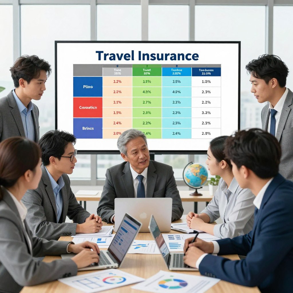 A visually informative and engaging scene portraying a travel insurance comparison concept. In the foreground, depict a diverse group of professionals in business attire (both men and women) intently discussing travel insurance options over a laptop, with charts and documents spread across a table. In the middle, include a large screen displaying a colorful comparison chart of various travel insurance plans, showcasing benefits and costs with engaging visuals. The background features a bright, modern office environment with large windows, letting in natural light, and travel-related items like a globe and maps subtly placed to enhance the theme. The overall atmosphere should be one of collaboration, professionalism, and clarity, emphasizing the importance of informed decision-making in travel insurance.