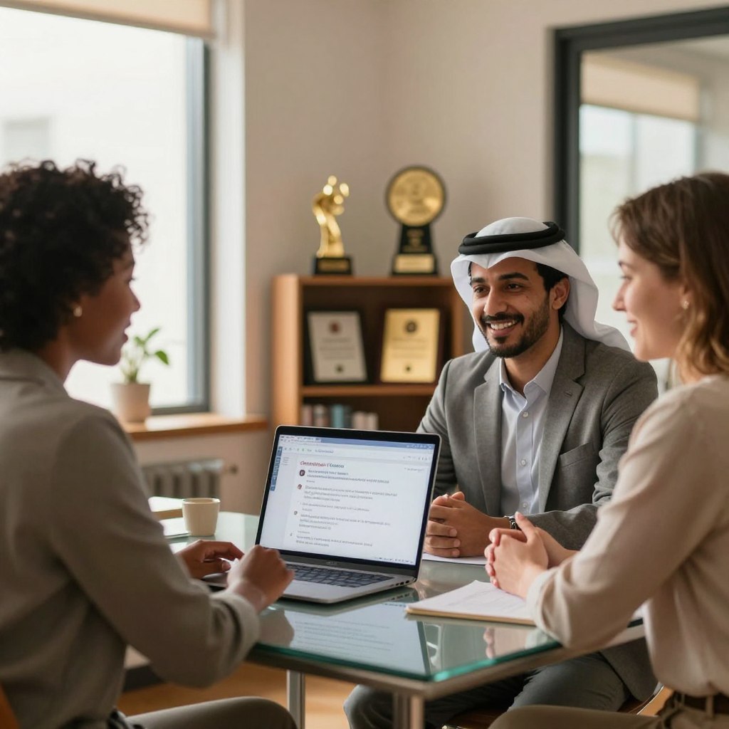 A warm and inviting office environment showcasing a comfortable meeting space. In the foreground, a diverse group of three professional individuals—a woman of African descent, a Middle-Eastern man, and a Caucasian woman—are engaged in a confident and friendly discussion, seated around a sleek glass table with a laptop displaying positive customer reviews. In the middle, a subtle display of accolades and awards is featured on a bookshelf, symbolizing trust and reliability. The background includes soft, natural light filtering through large windows, creating an uplifting and optimistic atmosphere. The scene is captured from a slightly angled perspective, emphasizing a sense of community and engagement, evoking feelings of satisfaction and reassurance in a business context.