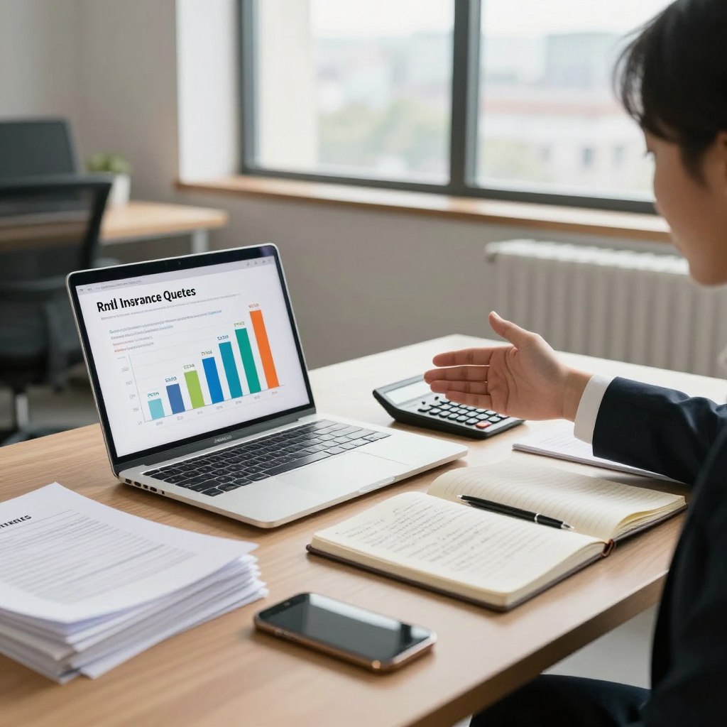 A well-organized workspace depicting a comparison of rental insurance quotes. In the foreground, a neat desk with a sleek laptop displaying a colorful chart of rental insurance options, surrounded by stacks of documents and a smartphone. In the middle, an open notebook with handwritten notes and a calculator for quick calculations. In the background, a modern office with a large window letting in soft natural light, showcasing a cityscape. There’s a warm, inviting atmosphere, emphasizing professionalism and diligence. A person in a business suit, engaged in discussion over the laptop, reflecting focus and customer support. The image should have a clean, modern look, utilizing a shallow depth of field to emphasize the workspace and add warmth to the scene. A well-organized workspace depicting a comparison of rental insurance quotes. In the foreground, a neat desk with a sleek laptop displaying a colorful chart of rental insurance options, surrounded by stacks of documents and a smartphone. In the middle, an open notebook with handwritten notes and a calculator for quick calculations. In the background, a modern office with a large window letting in soft natural light, showcasing a cityscape. There’s a warm, inviting atmosphere, emphasizing professionalism and diligence. A person in a business suit, engaged in discussion over the laptop, reflecting focus and customer support. The image should have a clean, modern look, utilizing a shallow depth of field to emphasize the workspace and add warmth to the scene.