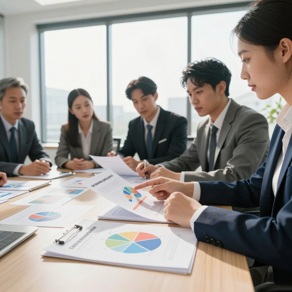 An organized office scene featuring a diverse group of professionals, including both men and women in smart business attire, gathered around a conference table. The foreground focuses on a close-up of documents with colorful graphs and pie charts showcasing "car insurance policy quotes," symbolizing affordability and clarity. The middle ground captures the engaged expressions of the professionals as they discuss strategies and reassess their insurance needs, with one individual pointing at a report. In the background, a large window reveals a bright and sunny day, creating an optimistic atmosphere, while soft natural light illuminates the room, casting gentle shadows that enhance the sense of professionalism and collaboration. The image conveys a feeling of determination and strategy.