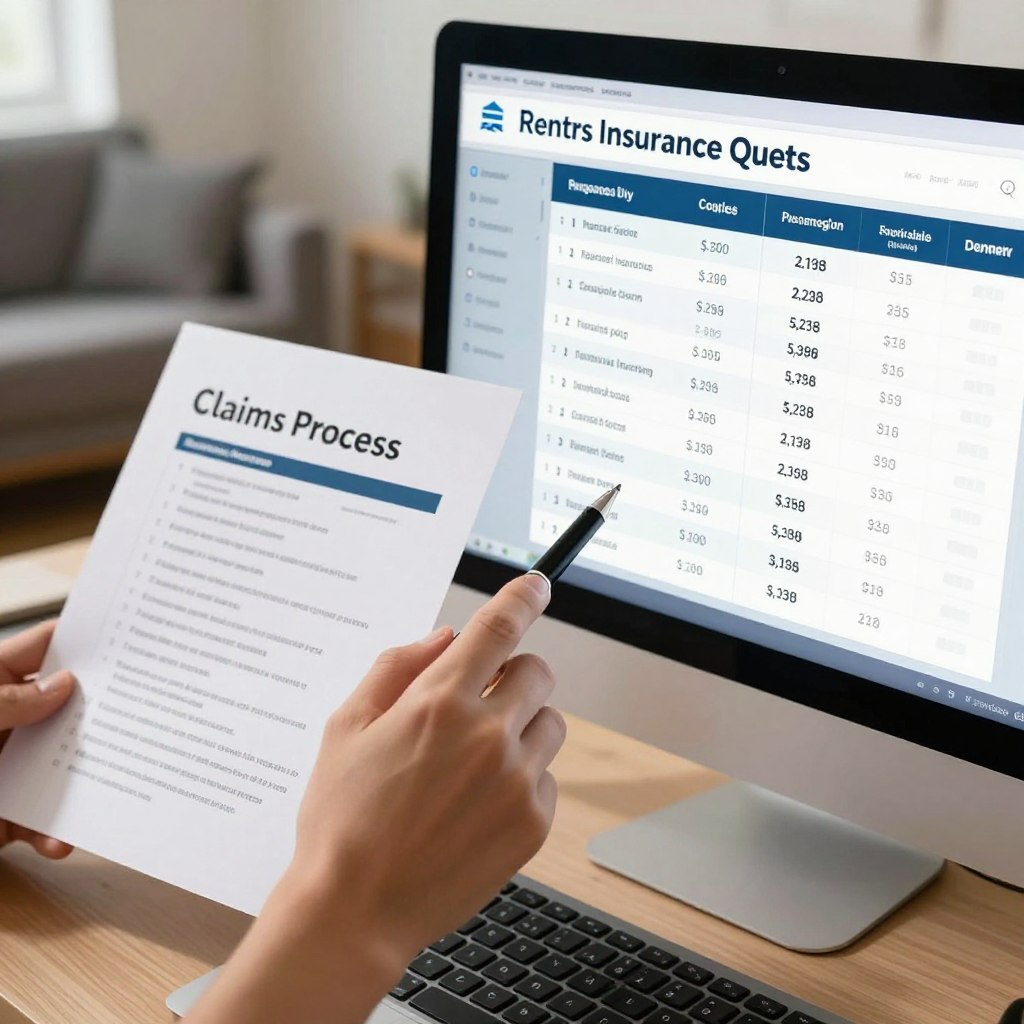 An organized workspace featuring a close-up of a computer screen displaying various renters insurance quotes side by side, emphasizing comparison charts and figures. In the foreground, a hand holding a pen points to the price of an affordable policy. In the middle, a document with the title "Claims Process" is partially visible, showcasing a checklist. In the background, soft-focus elements like a cozy living room with modern furniture create a welcoming atmosphere. Natural lighting highlights the scene, casting gentle shadows for depth. The mood is professional yet approachable, reflecting the importance of understanding renters insurance. No human subjects are present to maintain focus on the content.