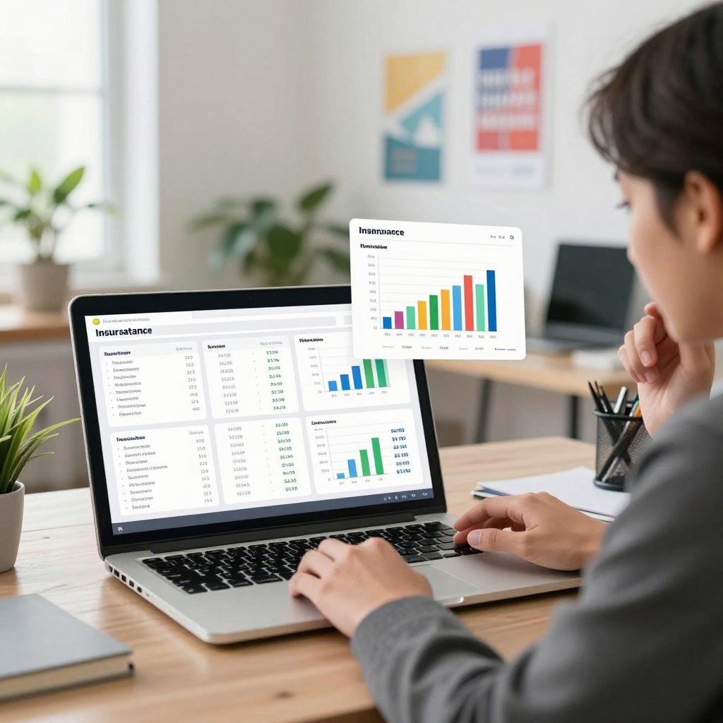 A bright and modern digital workspace depicting a large laptop screen displaying various online insurance quotes side by side. In the foreground, a focused individual in business attire is analyzing the information with a thoughtful expression. The middle section showcases a variety of colorful charts and graphs floating above the laptop, representing price comparisons and policy options. The background features a clean and organized office environment with plants and motivational posters. Soft, natural lighting fills the room, creating an inviting atmosphere, and the perspective is slightly angled to emphasize the technology and the individual's engagement with the task. The overall mood is professional yet approachable, highlighting the importance of making informed decisions when obtaining insurance quotes.