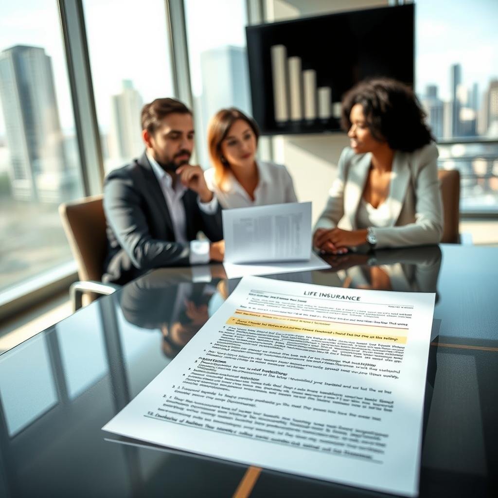 A business meeting scene in a modern, well-lit office environment, focusing on a diverse group of three professionals seated around a sleek conference table, studying a life insurance document. The foreground features a close-up of a detailed life insurance policy with highlighted sections indicating exclusions, such as pre-existing conditions and risky activities. In the background, floor-to-ceiling windows reveal a city skyline, conveying a sense of professionalism and urban lifestyle. Soft natural light filters through the glass, casting gentle shadows on the table, creating a calm and thoughtful atmosphere. The individuals are dressed in professional attire, engaged in a constructive discussion about the complexities of insurance, reflecting the theme of misconceptions around life insurance.