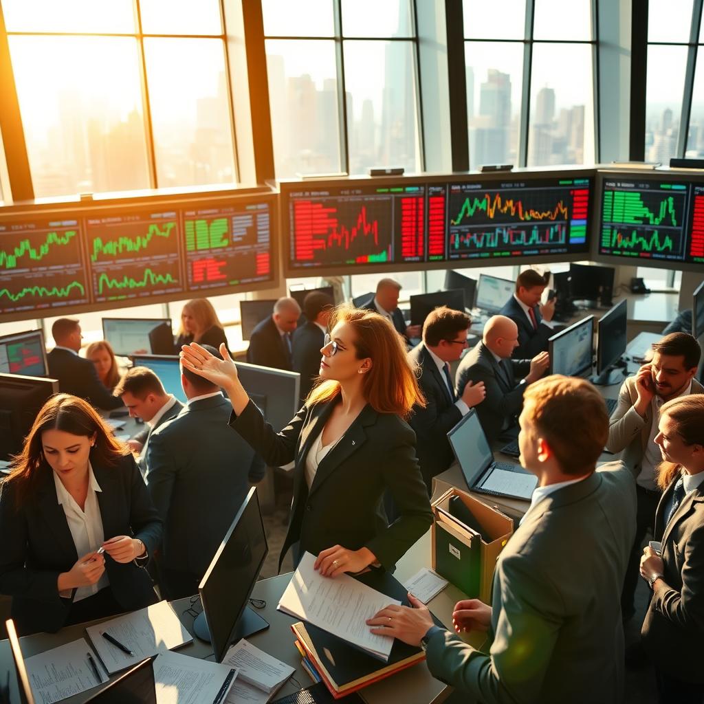 A bustling stock market scene set in a modern trading floor, showcasing a diverse group of professionals in business attire engaged in discussions and analyzing data. In the foreground, a female trader animatedly gestures towards a large screen displaying colorful stock charts and graphs, reflecting the dynamic nature of trading. The middle ground features desks cluttered with financial reports, laptops, and notepads. In the background, large windows reveal a vibrant city skyline, bathed in warm afternoon sunlight that creates a bright and optimistic atmosphere. The angle is slightly elevated, capturing both the intensity of the traders and the underlying sense of collaboration. The overall mood is energetic and focused, embodying the spirit of investment and market dynamics. A bustling stock market scene set in a modern trading floor, showcasing a diverse group of professionals in business attire engaged in discussions and analyzing data. In the foreground, a female trader animatedly gestures towards a large screen displaying colorful stock charts and graphs, reflecting the dynamic nature of trading. The middle ground features desks cluttered with financial reports, laptops, and notepads. In the background, large windows reveal a vibrant city skyline, bathed in warm afternoon sunlight that creates a bright and optimistic atmosphere. The angle is slightly elevated, capturing both the intensity of the traders and the underlying sense of collaboration. The overall mood is energetic and focused, embodying the spirit of investment and market dynamics.