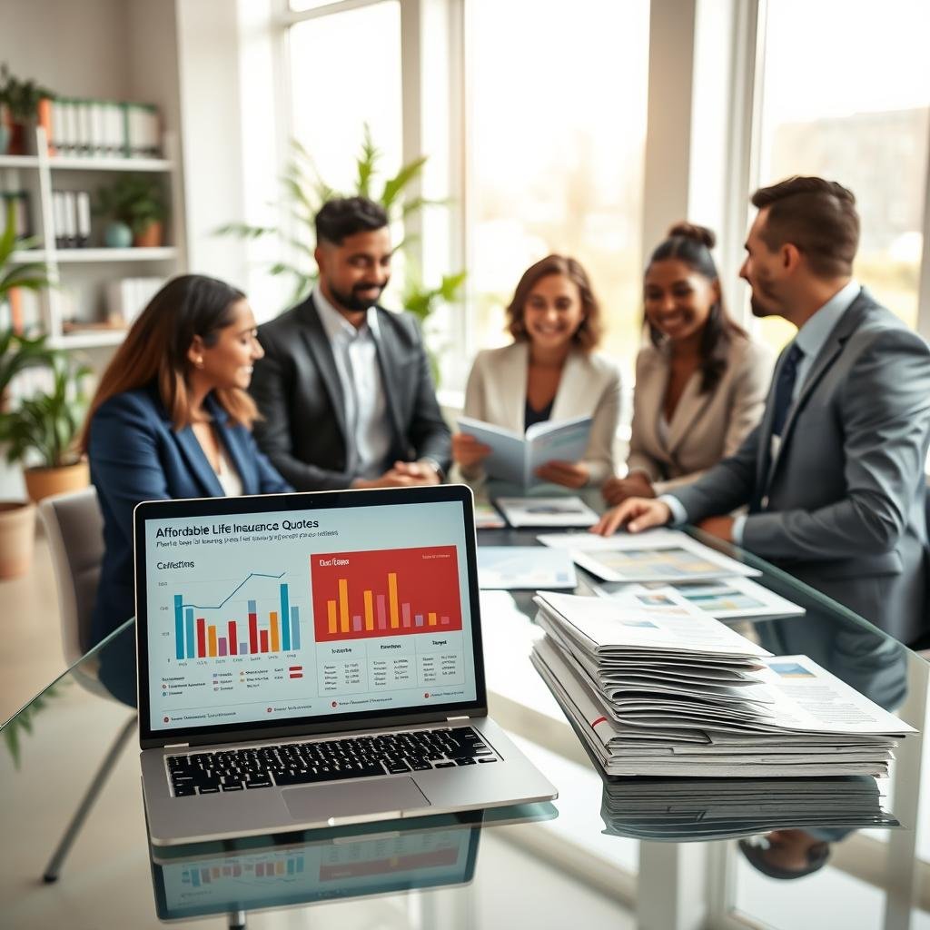A clean, modern office environment featuring a diverse group of professionals discussing life insurance options around a sleek glass table. In the foreground, a laptop displays a colorful infographic of affordable life insurance quotes, with charts and graphs. The middle of the image includes a variety of printed brochures and documents with financial information neatly arranged. Soft, natural light pours in from large windows, creating an inviting atmosphere. In the background, potted plants and a bookshelf filled with financial guides add warmth and depth. The mood is collaborative and optimistic, emphasizing the importance of securing a family's financial future without any distractions or text. The professionals are dressed in smart business attire, showcasing a blend of cultures and backgrounds.